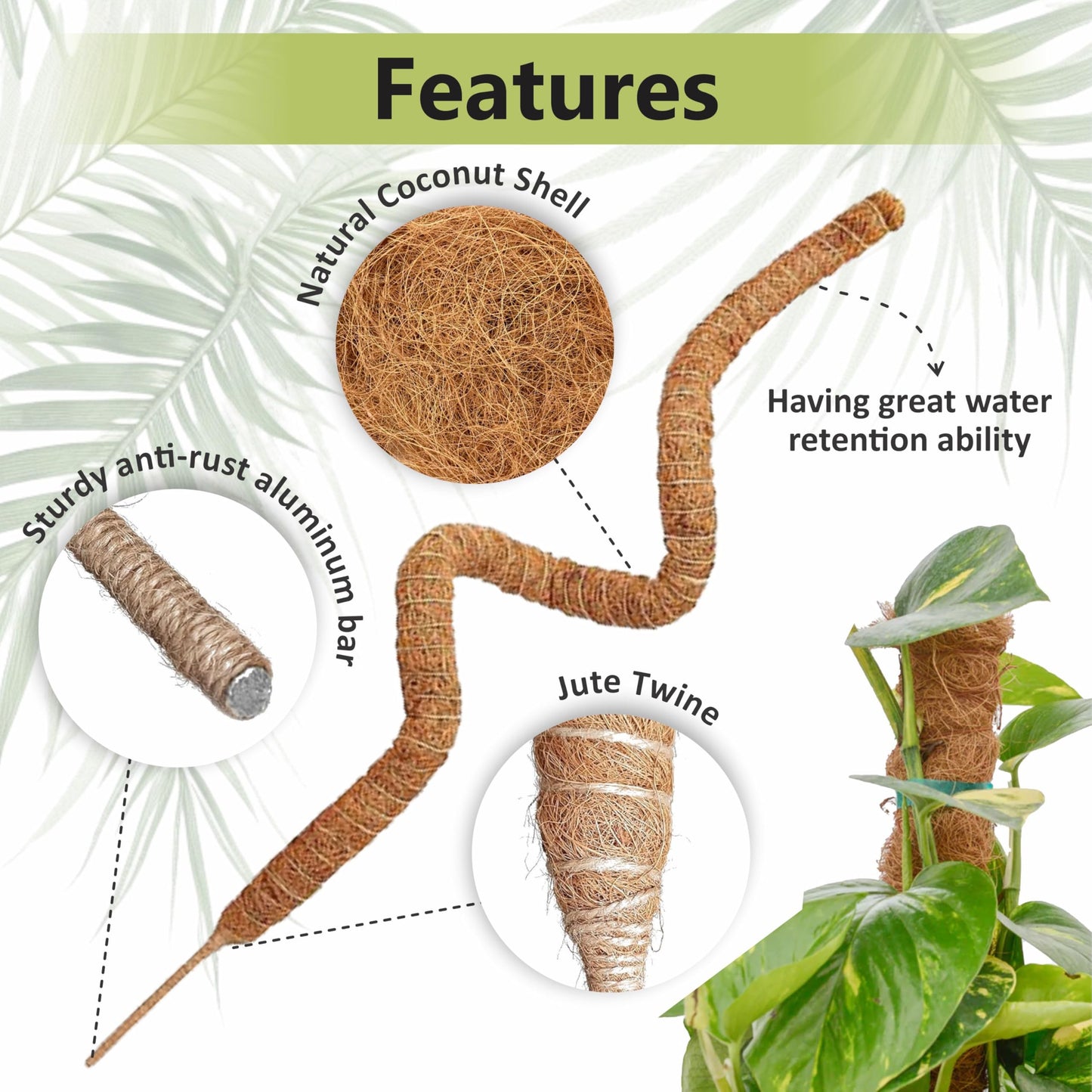 48 Inches Bendable Moss Pole Monstera Plant Support Stakes - Moss Poles for Climbing Plants, Plant Stakes for Indoor Plants - Coco Coir Pole Moss Stick for Monstera, Pothos.