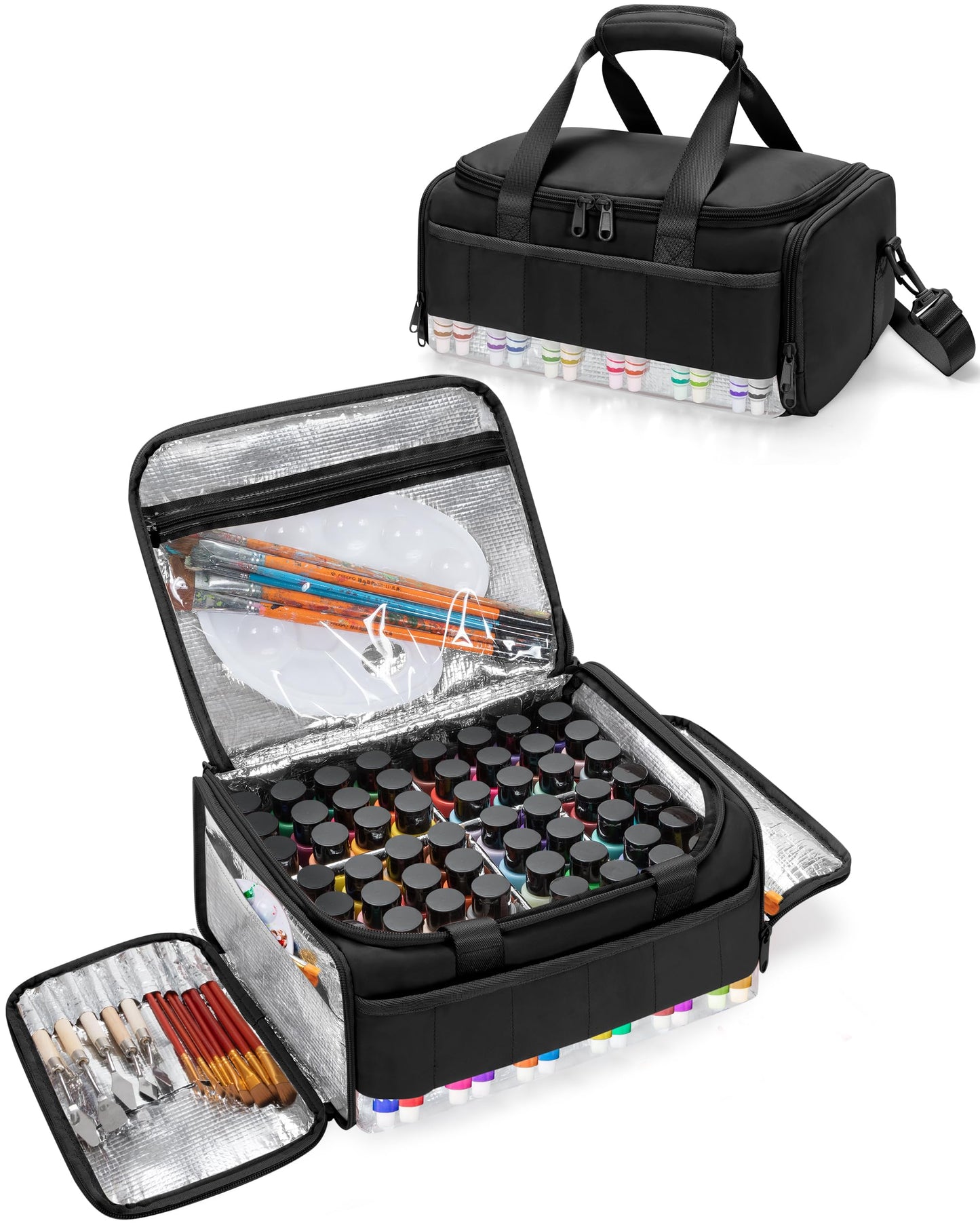 Marscamd Acrylic Paint Organizer Holds 60 Bottles (2 oz), Acrylic Paint Storage Bag with Tools Storage Sections and Crossbody Strap, Black