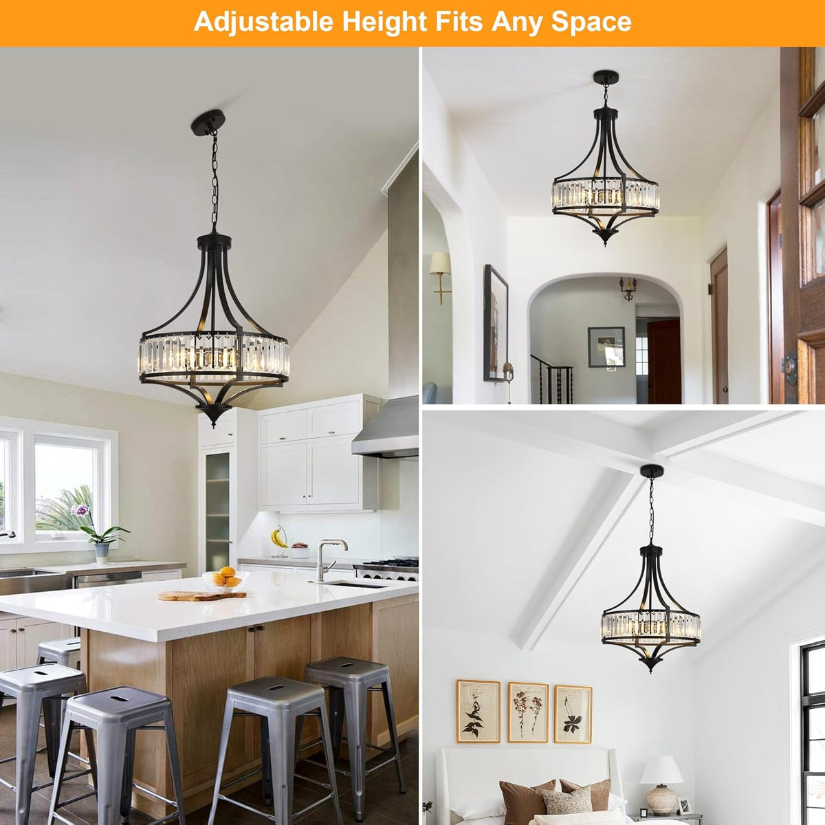 20" Modern Farmhouse Crystal Chandeliers for Dining Room, 5-Light Black Antique Pendant Chandelier, Contemporary Hanging Light Fixture for Living Room Bedroom Foyer Kitchen Island Entryway