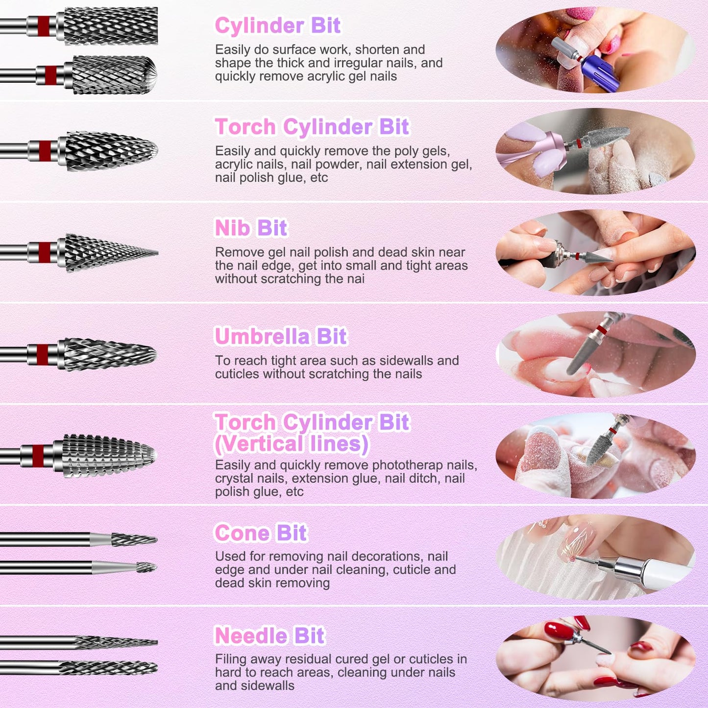 CGBE Nail Drill Bits Set: 10PCS Tungsten Carbide Nail Drill Bits for Acrylic Nails, 3/32'' Shank Professional Nail Bits for Nail Drill Cuticle Drill Bit for Home Salon Nail Enthusiasts Manicurist
