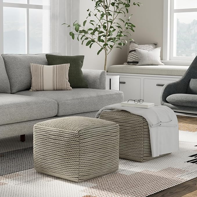 SIMPLIHOME Eastmont Square Pouf - 18 inch Wide Handwoven PET Polyester Ottoman in Cream, Boho Indoor/Outdoor Footstool or Extra Seating for Living Room, Bedroom, or Patio, Assembled