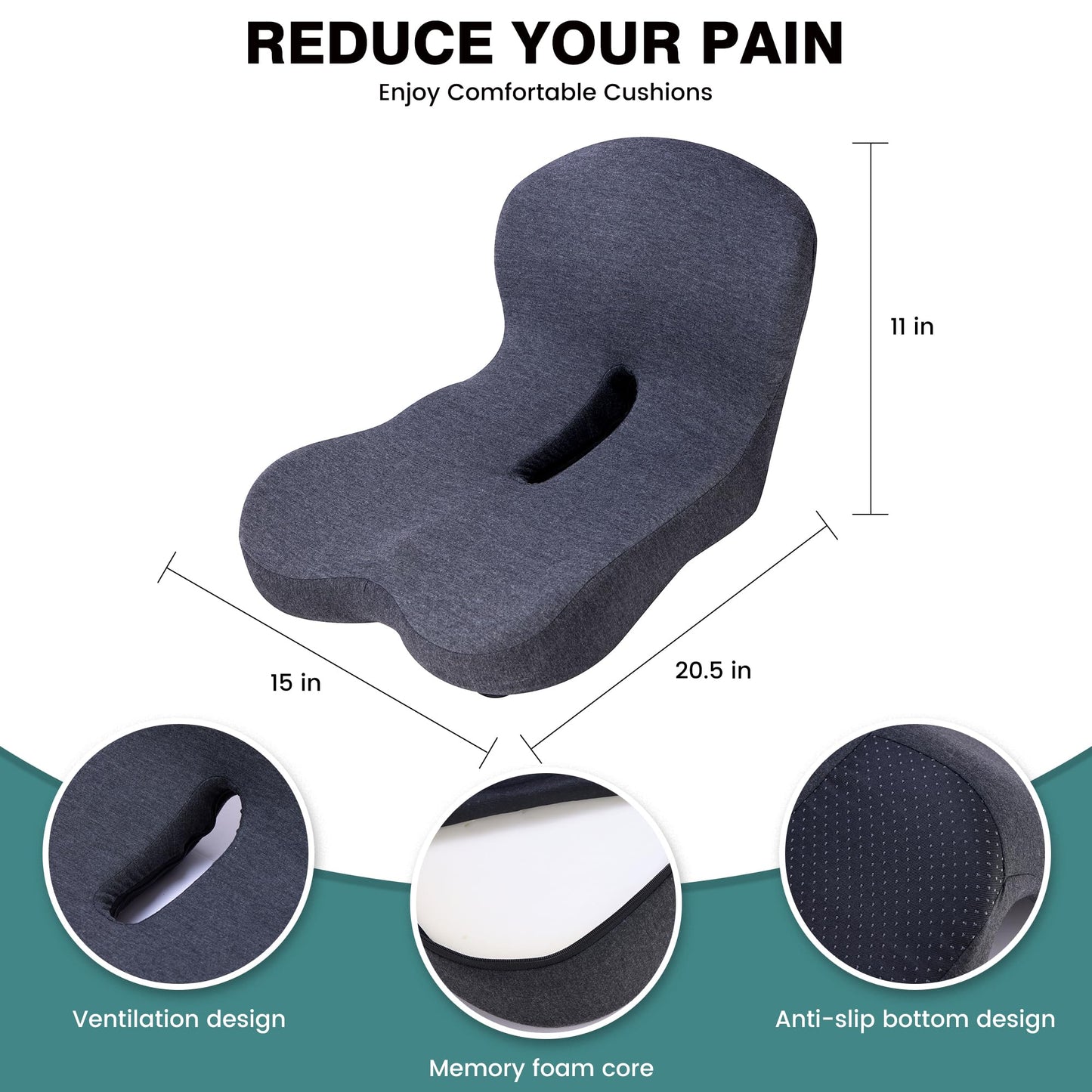 ZUAMEGUMemory Foam Car Seat Cushion – Ergonomic Driver Cushion for Sciatica & Tailbone Pain, Breathable Non-Slip Car Seat Pad for Car, Office Chair, Wheelchair