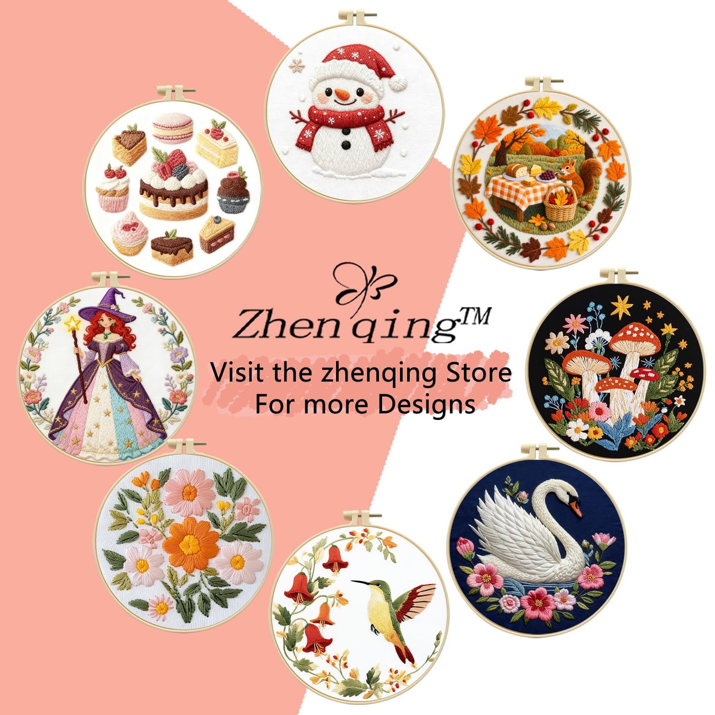 Zhenqing 4 Landscape Scenes Embroidery Kit for Beginners, 4-Pack Circular Designs with 20cm Hoop, Pre-Printed 29x29cm Cotton Fabric & Threads for Home Decor (JC0038)