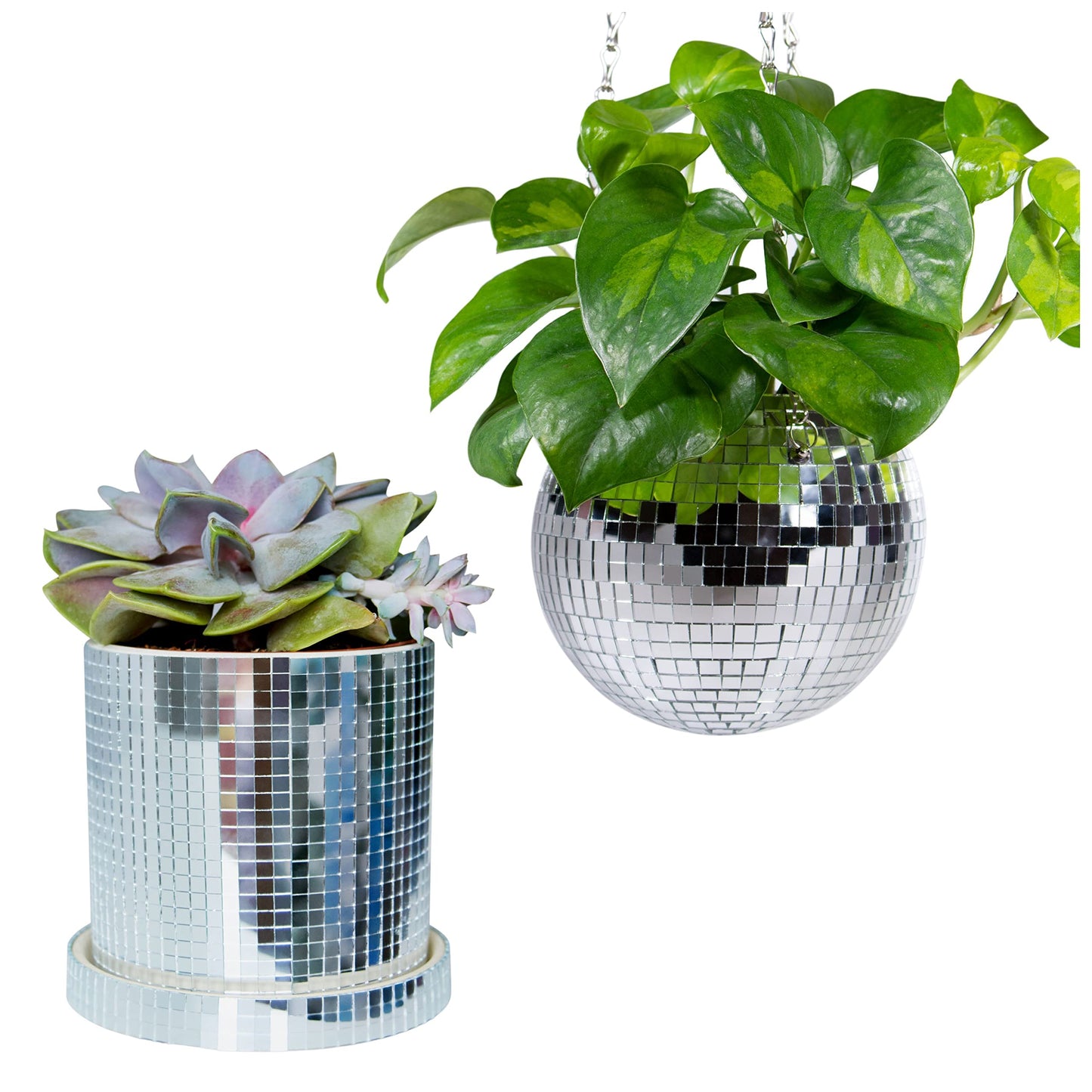 SCANDINORDICA Disco Ball Planter 6" Silver with Chain and Macrame Hanger and Disco Ball Planter Pot 4.3" with Saucer (0.2x0.2 mirror tiles)