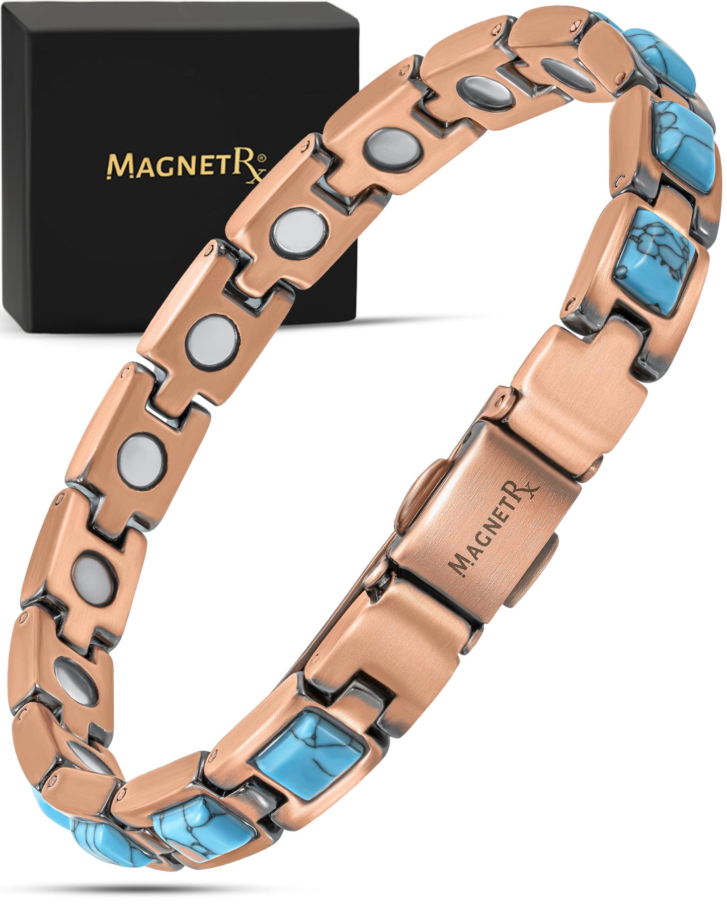 MagnetRX Pure Copper Bracelets for Women – Ultra Strength Copper Magnetic Bracelet with Turquoise Stone – Adjustable Turquoise Bracelet for Women with Sizing Tool (Classic Turquoise)