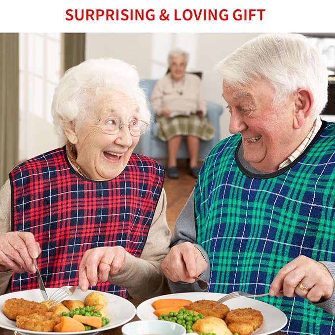 XKDOUS 3 Pack Adult Bibs for Men & Seniors, Reusable & Waterproof Clothing Protector with Crumb Catcher Pocket for Eating, Feeding Bibs for Elderly Women Men, Ideal Senior Citizens Gifts