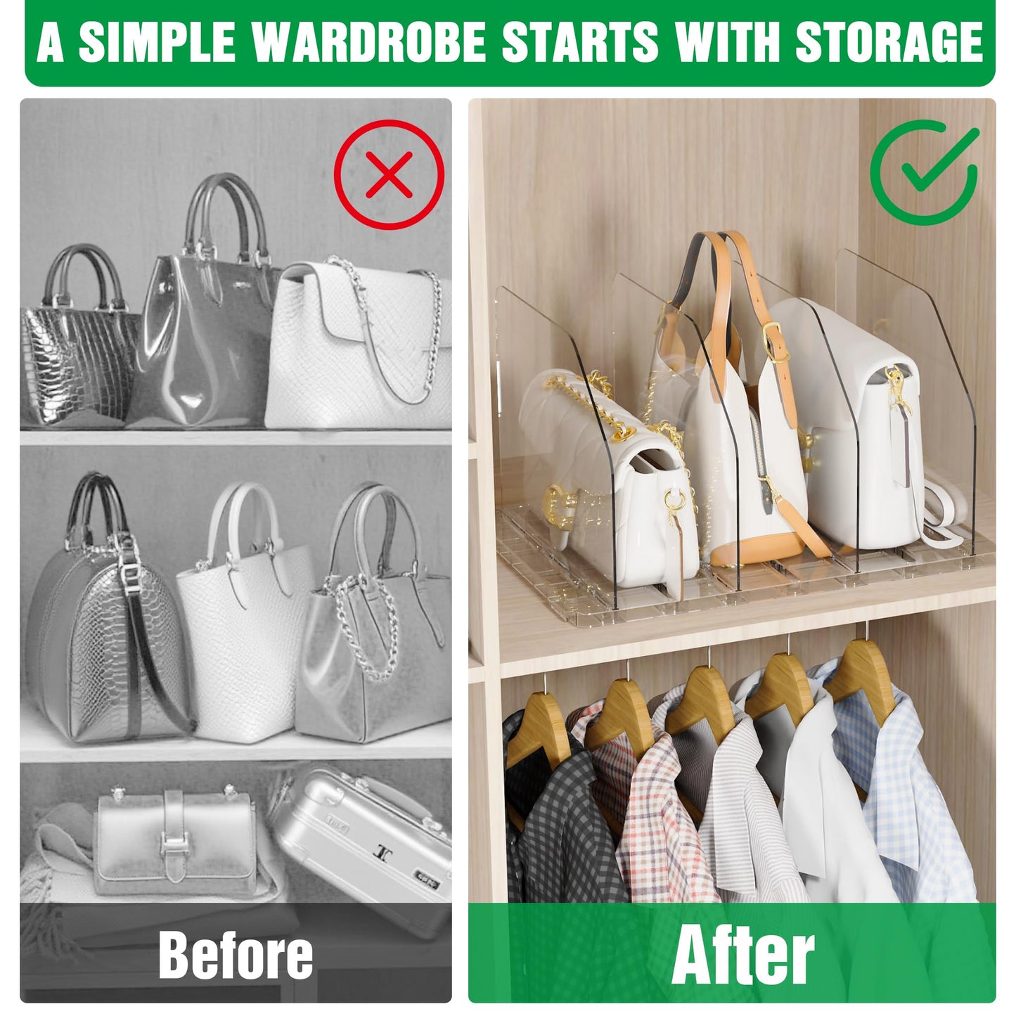 DGFCK Bag & Purse Organizer for Closet, 2 Sets Adjustable Clear Handbag Storage Shelf, Plastic Clutch Dividers for Closet Organizers and Storage-Keep Purses upright (2 Sets)