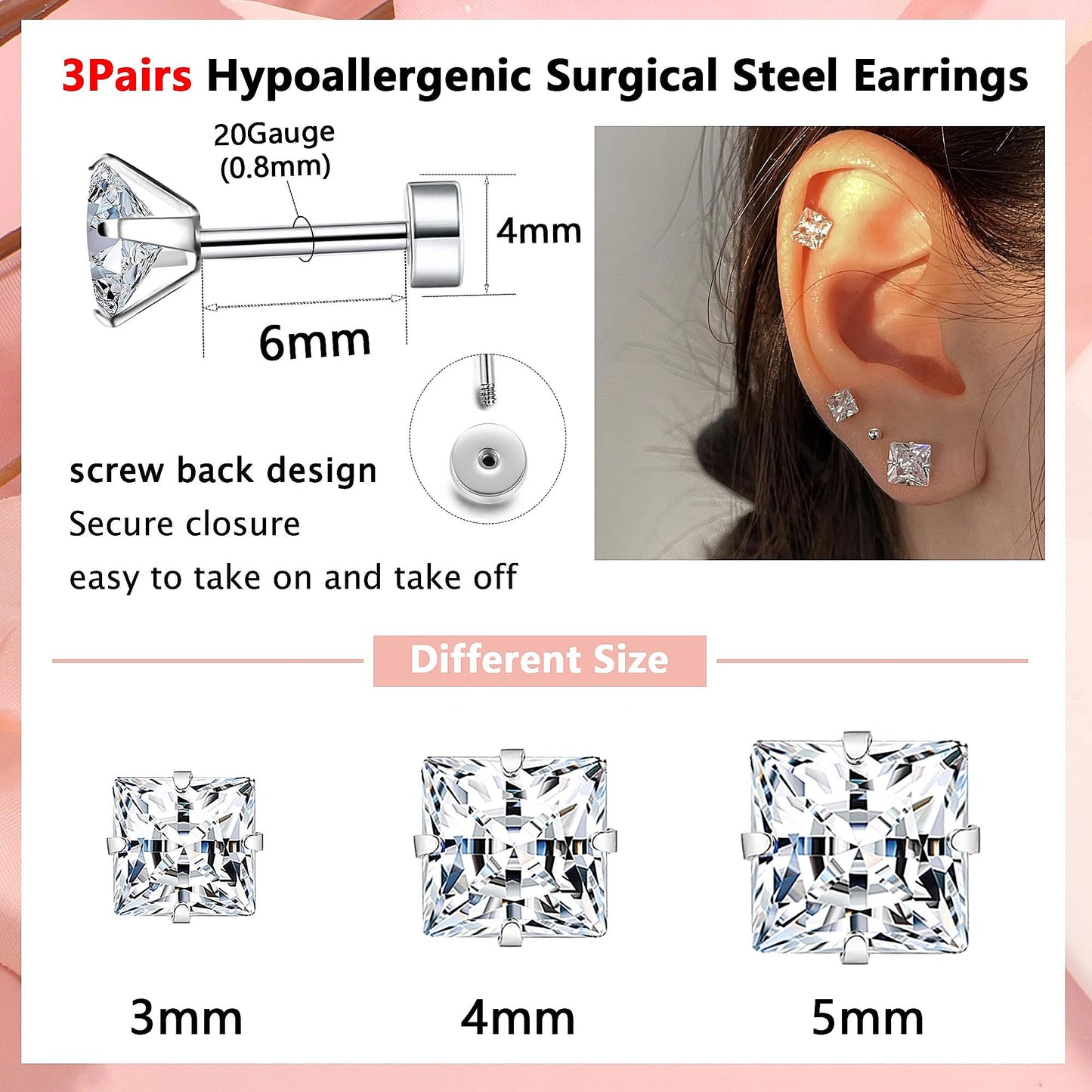 Princess Cut Square CZ Stud Earrings Flat Back, Screw Back Small Silver Clear Cubic Zirconia Studs Earrings Set for Women Men, Pack of 3 Pairs (3mm 4mm 5mm)