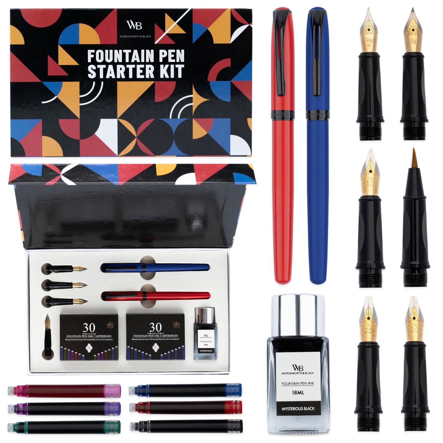 Wordsworth and Black Fountain Pen Set - Blue - Includes 2 Pens, 18 ML Ink Bottle, 60 Ink Cartridges, A Refill Converter, 1 Medium and 4 Broad Nibs, Brush Pen - Fountain Pen Kit for Beginners