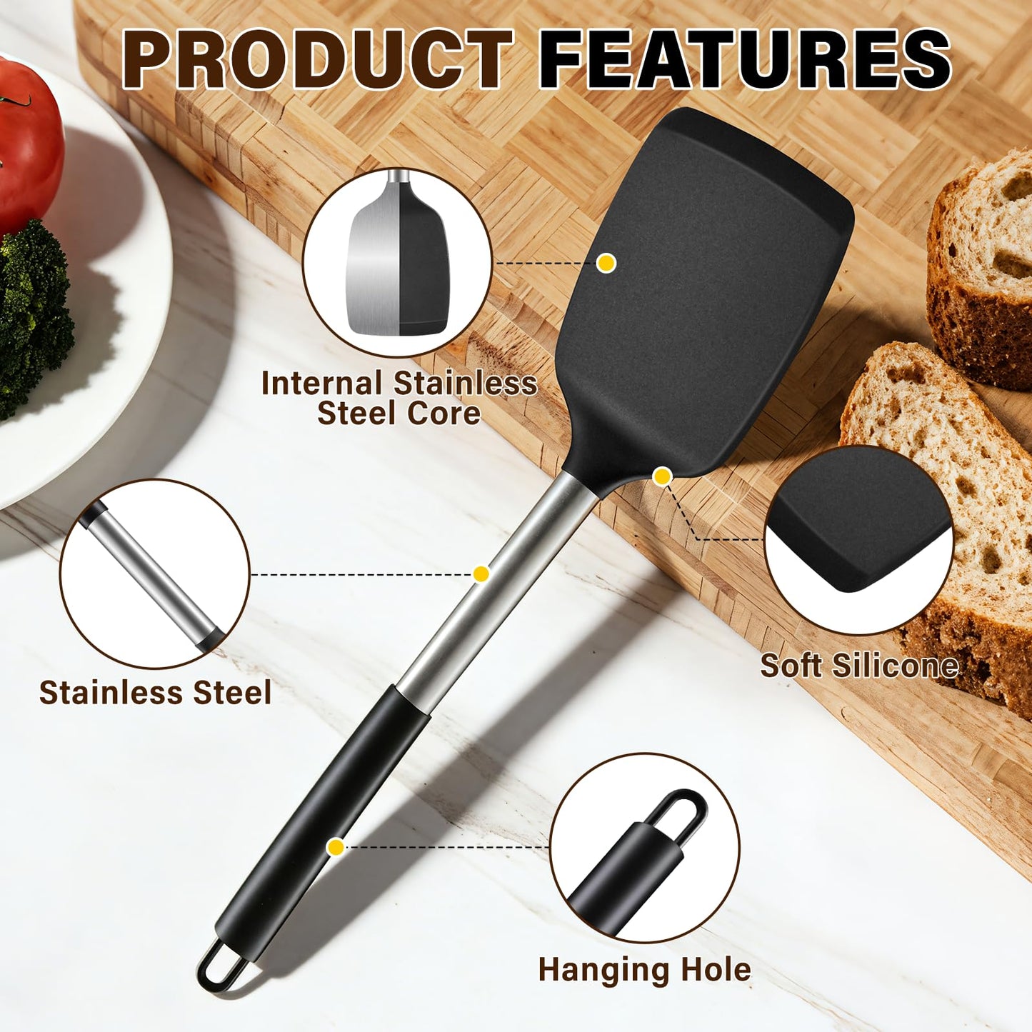 5Pcs Silicone Cooking Utensils Set, Heat Resistant Kitchen Tools Include Solid&Slotted Spatula, Cooking Spoon and Pasta Server, Silicone Kitchen Utensils set for Nonstick Cookware Flipping, Black