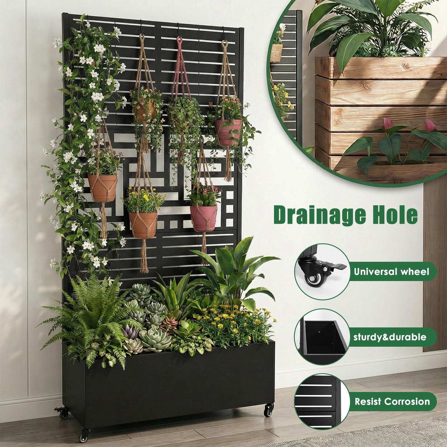 CervidomePro Metal Planter Box with Trellis Standing Planter Box for Climbing Plants/Vines Raised Garden Bed On Wheels 70.87x35.43x15.75 Inch