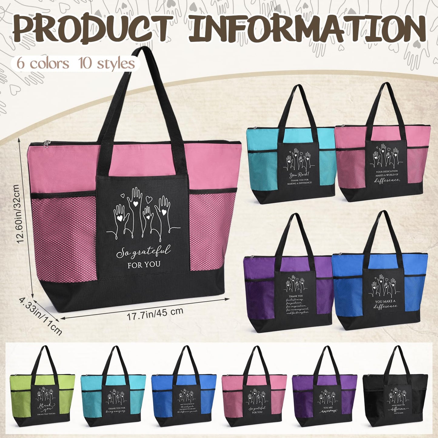 Paterr 10 Pcs Volunteer Appreciation Gifts Bulk Large Tote Bags with Zippered Mesh Pocket Inspirational Gift for Women Men(Multicolor)