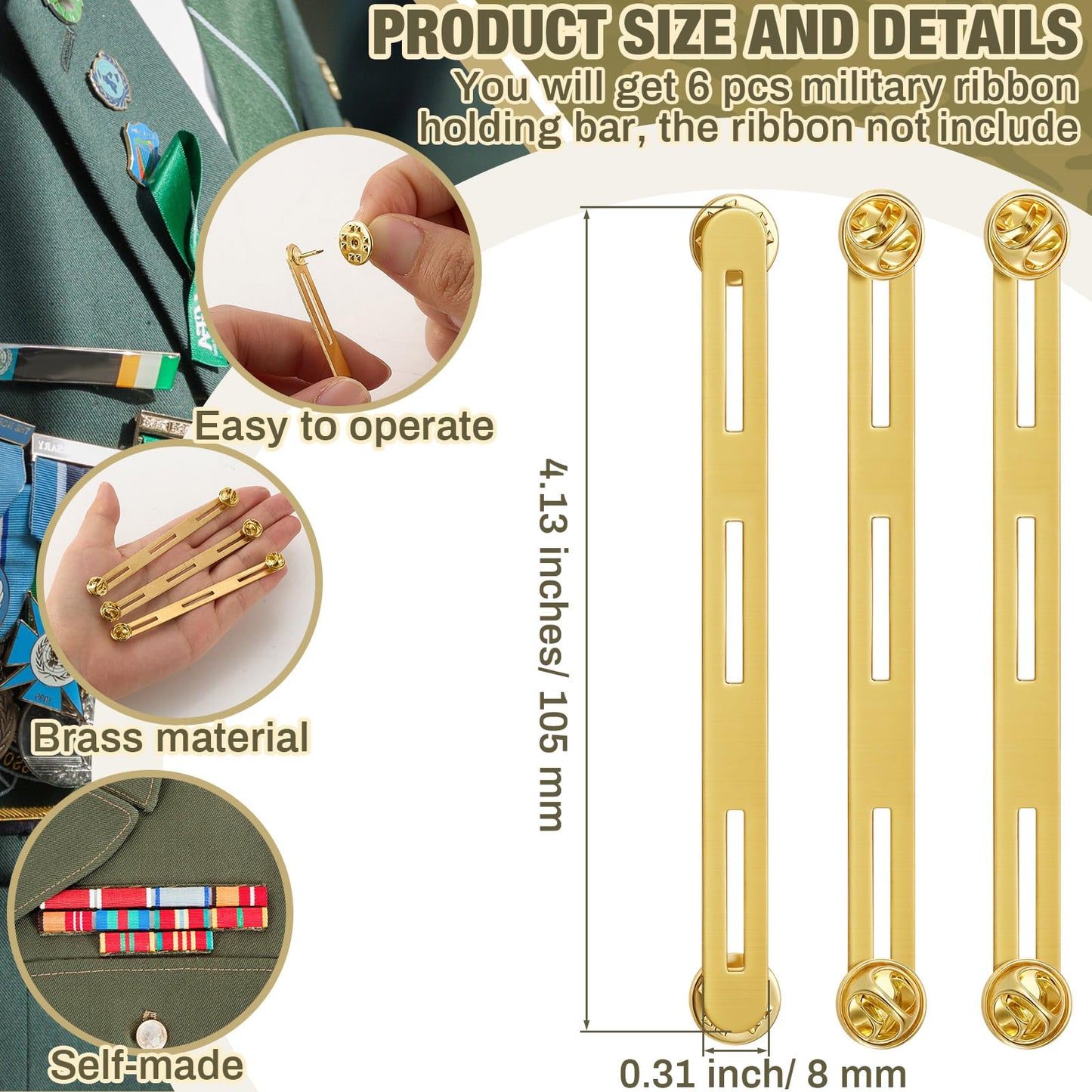 Landical 6pcs Military Ribbons Holding Bar Ribbon Mounting Bar Rack Military Brass Mount Holder for Uniforms Organizer (3 Ribbon)