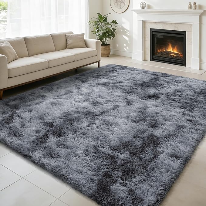Ultra Soft Fluffy Area Rugs for Bedroom Living Room 10x14, Nursery Rug, Non-Slip Carpet for Kids Dorms Decor, Shaggy Bedside Rug, Tie-Dyed Black