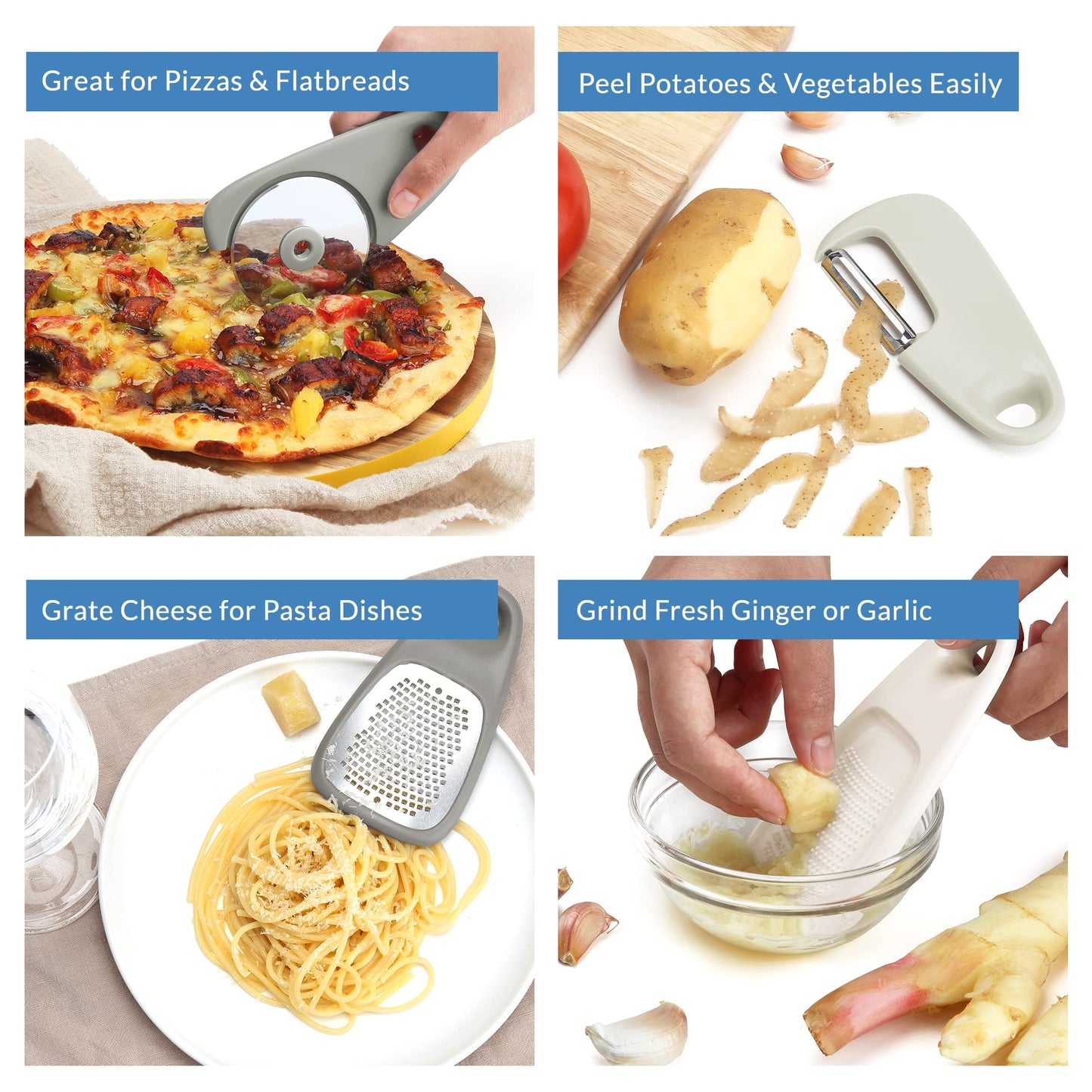 PortoFino Kitchen Gadgets Set 5 Pieces, Includes Pizza Cutter, Cheese Grater, Vegetable Peeler, Bottle Opener, Garlic Grinder, RV Kitchen Accessories, Space Saving Design, Dishwasher Safe