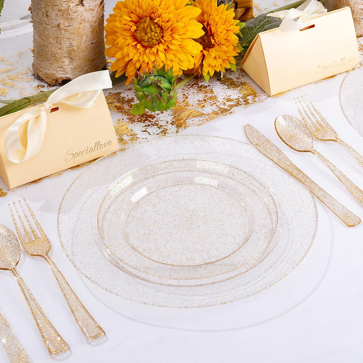WDF 200PCS Gold Plastic Plates - Gold Glitter Plastic Plates - Heavy Duty Gold Glitter Disposable Plates - Include 100 Dinner Plates 10" and 100 Dessert Plate 7" for Thanksgiving Parties/Wedding