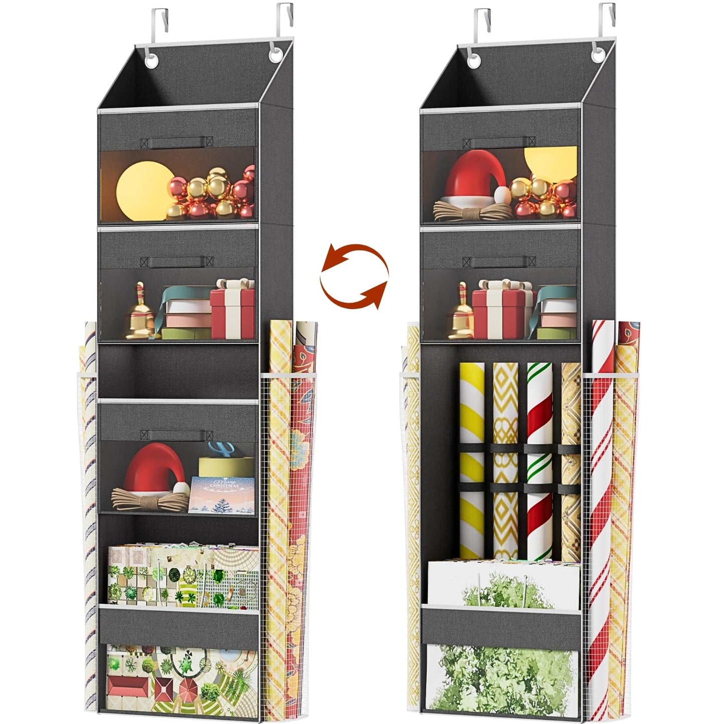 Over Door Wrapping Paper Organizer Storage with 3 Removable Drawers & Side Pockets – Dual Use Design with Elastic Straps – Christmas Gift Wrap Storage for Ribbons, Bows, Ornament and Other Tools 1Pack