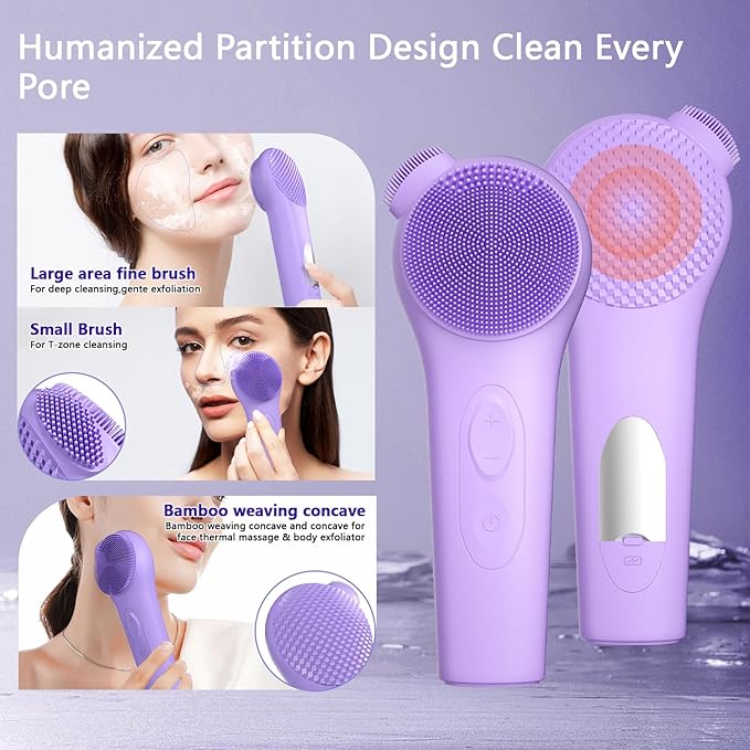 Landmore Silicone Face Scrubber Exfoliator, Electric Facial Cleansing Brush 5 Cleansing Modes with Thermal Compress for Men & Women, Waterproof Face Wash Brush for Deep Cleaning Exfoliating Massaging