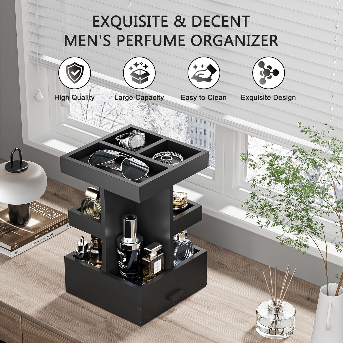 Cologne Organizer for Men, Cologne Stand, 3 Tier Wooden Perfume Organizer, Rotating Mens Cologne Shelf with Drawer, Fragrance Display Holder Desk Organizer, Gift Ideas for Men Him Dad Husband
