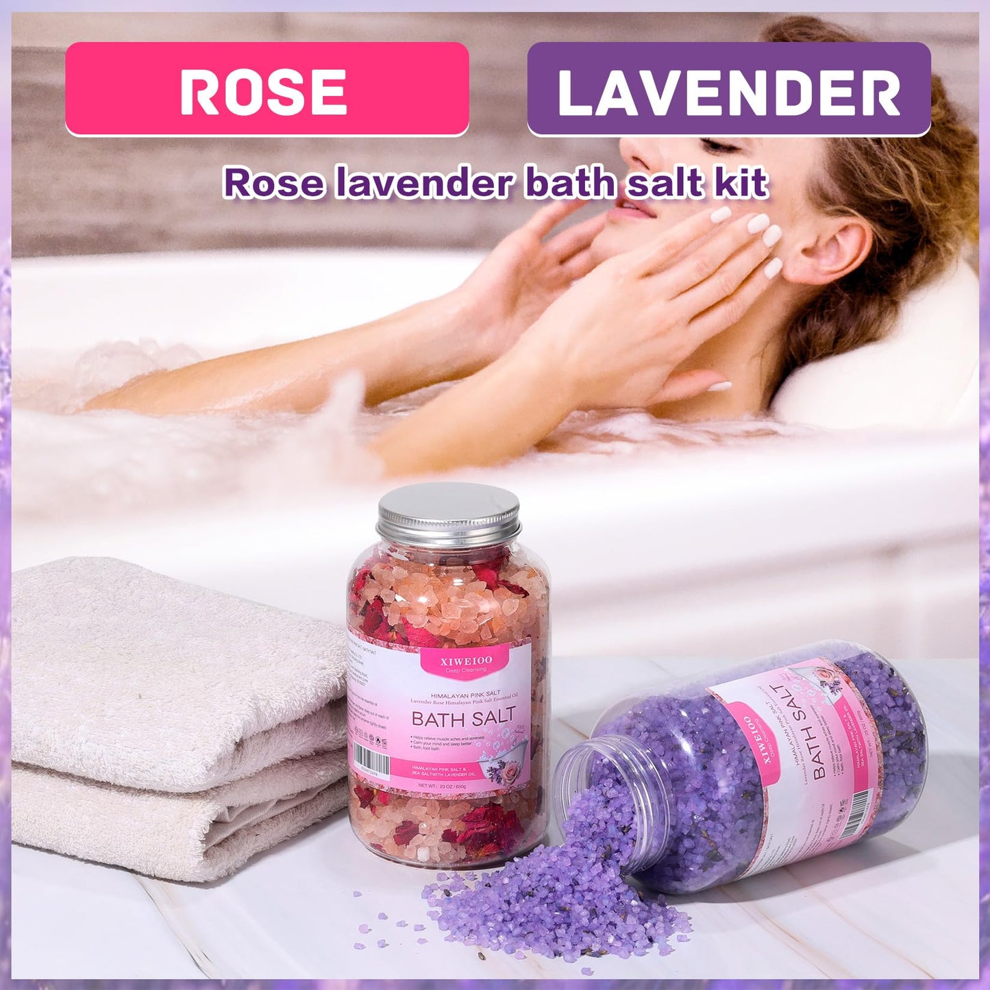 XIWEIOO Bath Salts kit Himalayan Pink Salt -46 oz, Pack of 2 Natural Epsom Salt Rose, and Lavender- Essential Oils Relaxes and Better Sleep Foot Soak Tea Tree Oil Soaking & Bathing