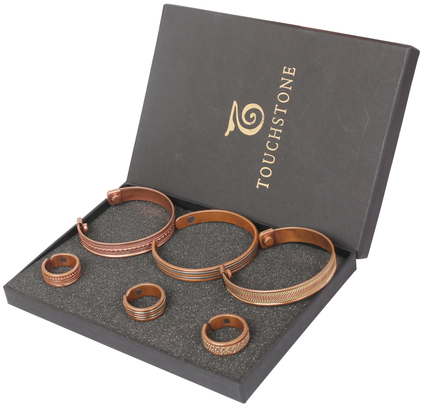 Touchstone Handcrafted Copper Magnetic Hand Forged With Solid And High Gauge Spiral Wire Braided Minimalistic 3 Bracelets And Matching Finger Combo In Two Tones For All.