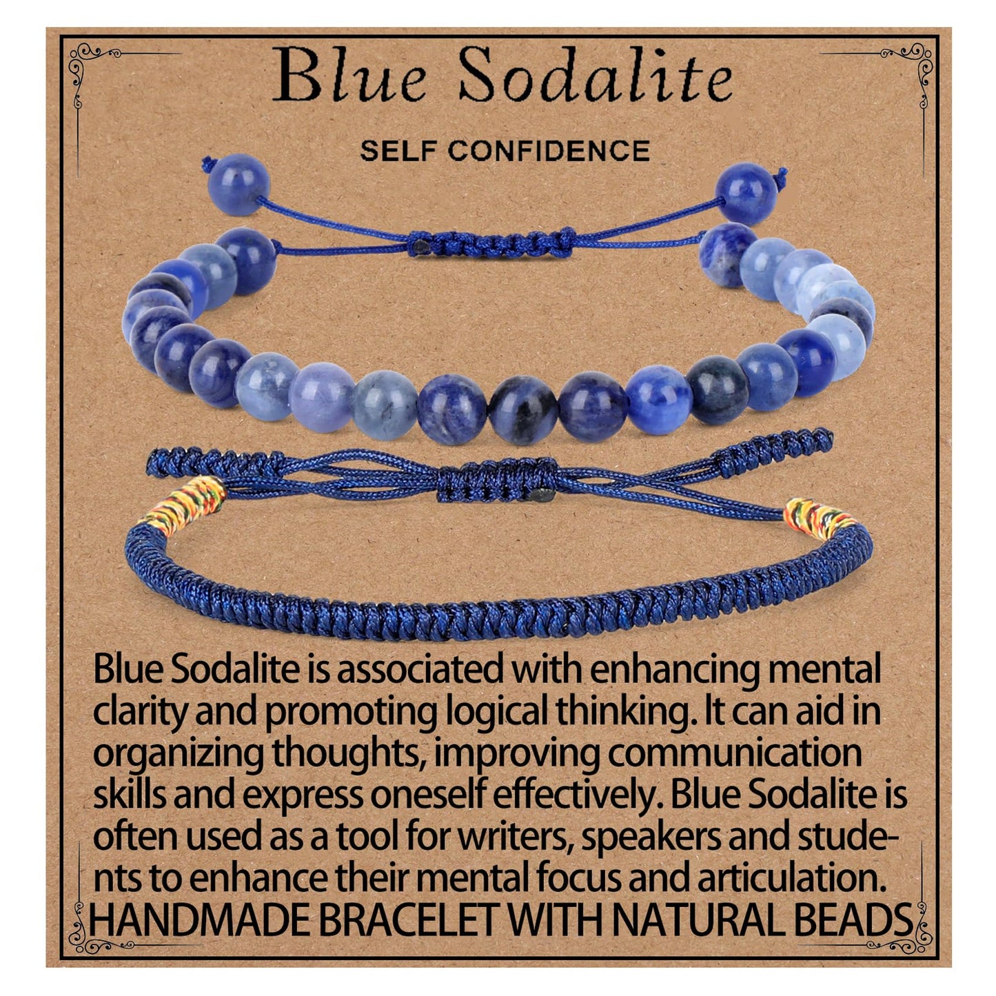 LPBeads 6mm Blue Sodalite Bracelet with Handmade Rope Bracelet Size Adjustable Natural Stone Crystal Healing Bracelets Gifts for Unisex Adults