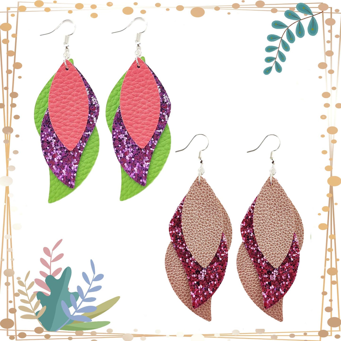 AOUXSEEM 181 Pcs Leaf Faux Leather Earrings Making Kit for Beginner, Contains 60 Pre Cut Lightweight Glitter Printed Synthetic Fabric Pieces and Hypoallergenic Hooks Jump Rings (Solid A)