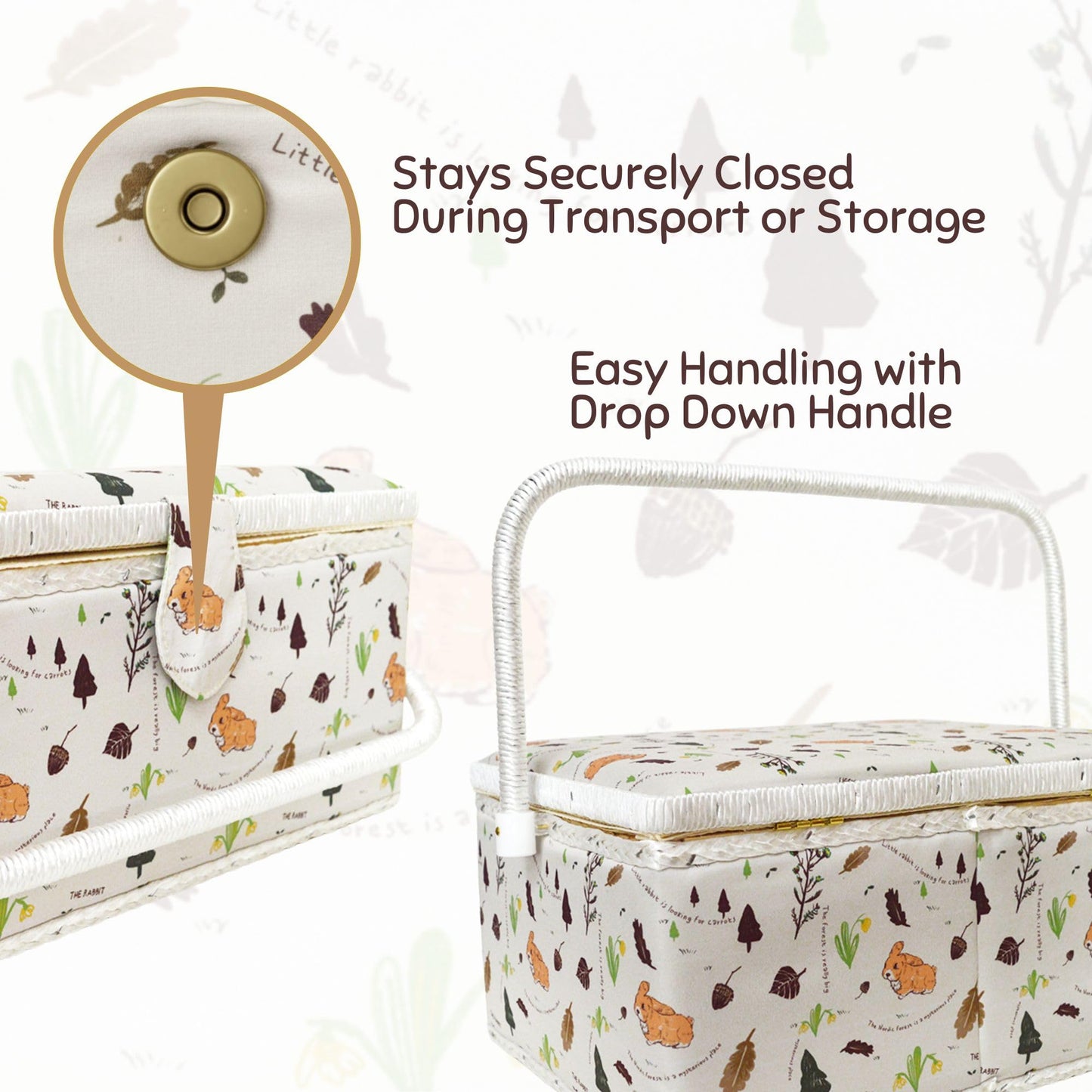 Wooden Sewing Basket Kit with Complete Sewing Tools, Large Box Organizer with Removable Tray and Tomato Pincushion for Hand Sewing and DIY Repairs, Rabbit Forest