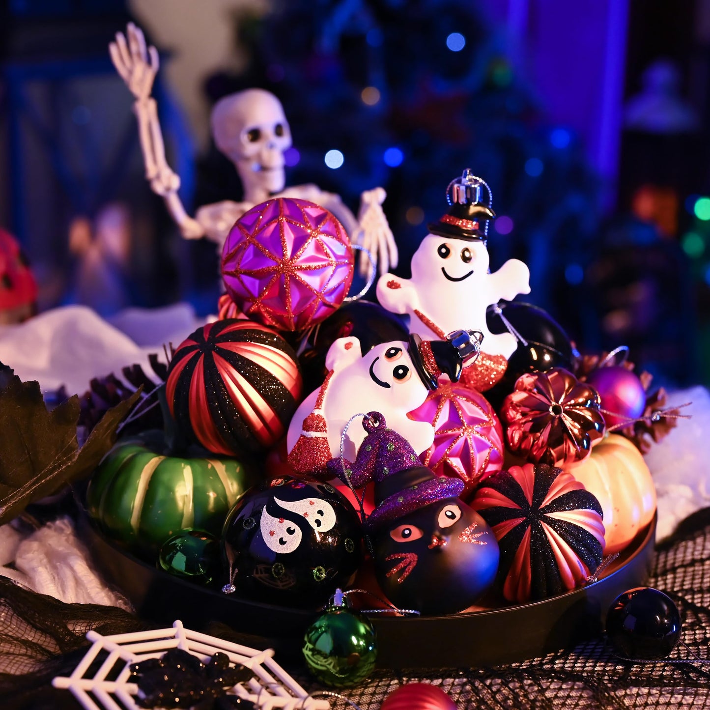 Valery Madelyn Halloween Ornaments Tree Decorations, 40ct Medium Shatterproof Ghost Cat Jack-o'-Lantern Pumpkin Hanging Ball Ornaments Set for Small Tree, Cute Holiday Party Indoor Home Decor