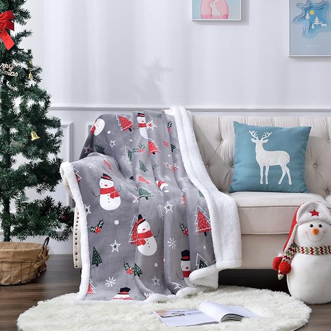SOCHOW Christmas Holiday Sherpa Fleece Throw Blanket, Fuzzy Warm Super Soft Reversible Plush Blanket for Bed, Sofa and Couch, Snowman and Snowflake Pattern, 60 x 80 inches, Grey
