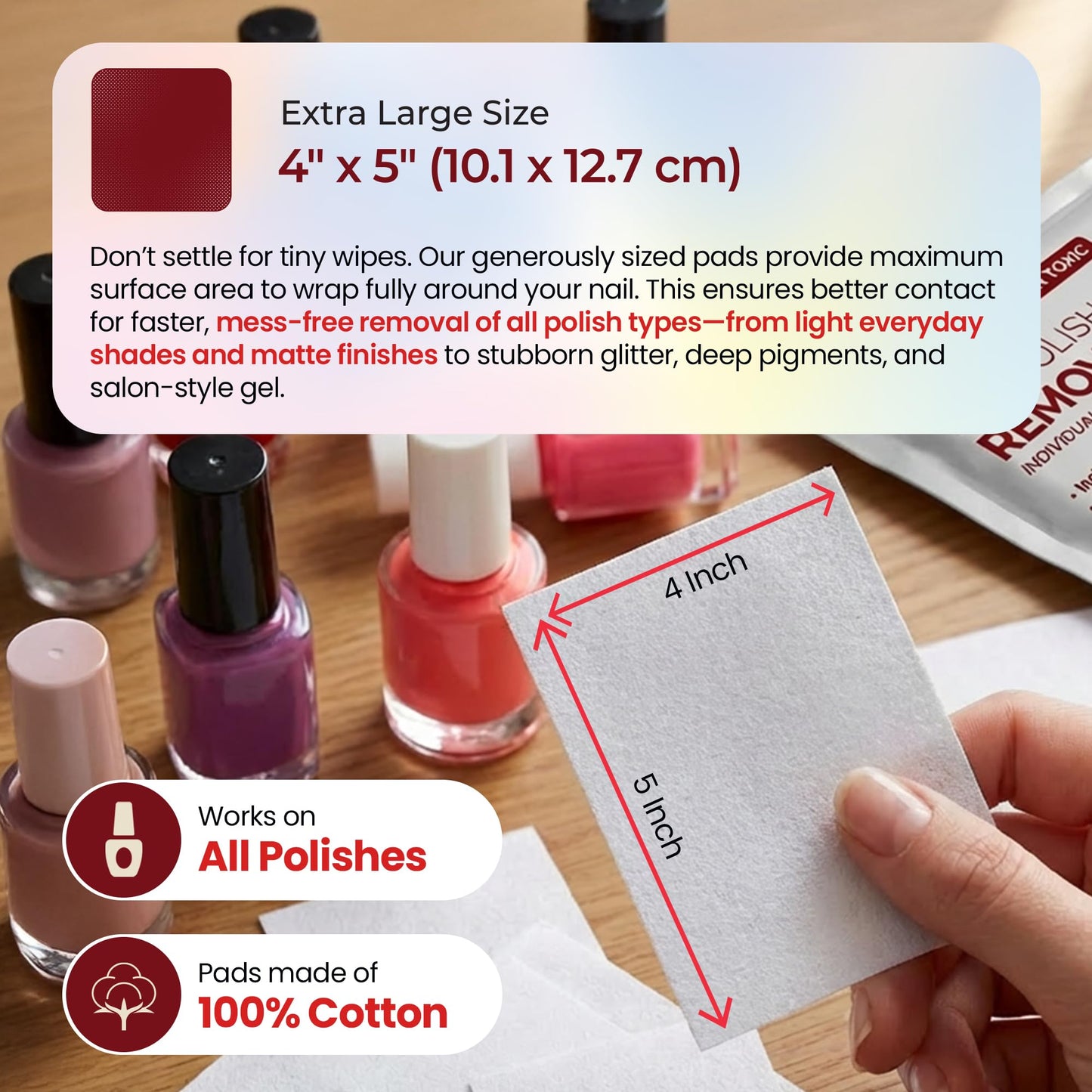 Nail Polish Remover Pads - 100 Pack - Non-Acetone - Individually Wrapped Wipes - Gentle Formula - Fingernail Polish Remover - Bulk Value Set for Home, Salon & Travel