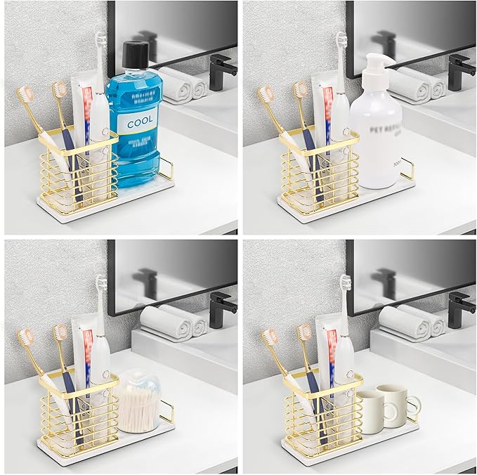 HarJue Toothbrush Holder, Luxurious Metal Toothbrush Toothpaste Holder with Marble Base for Bathroom, Multi-Slots Openwork Design, Bathroom Accessory for Storage and Organizer (Large, Gold)