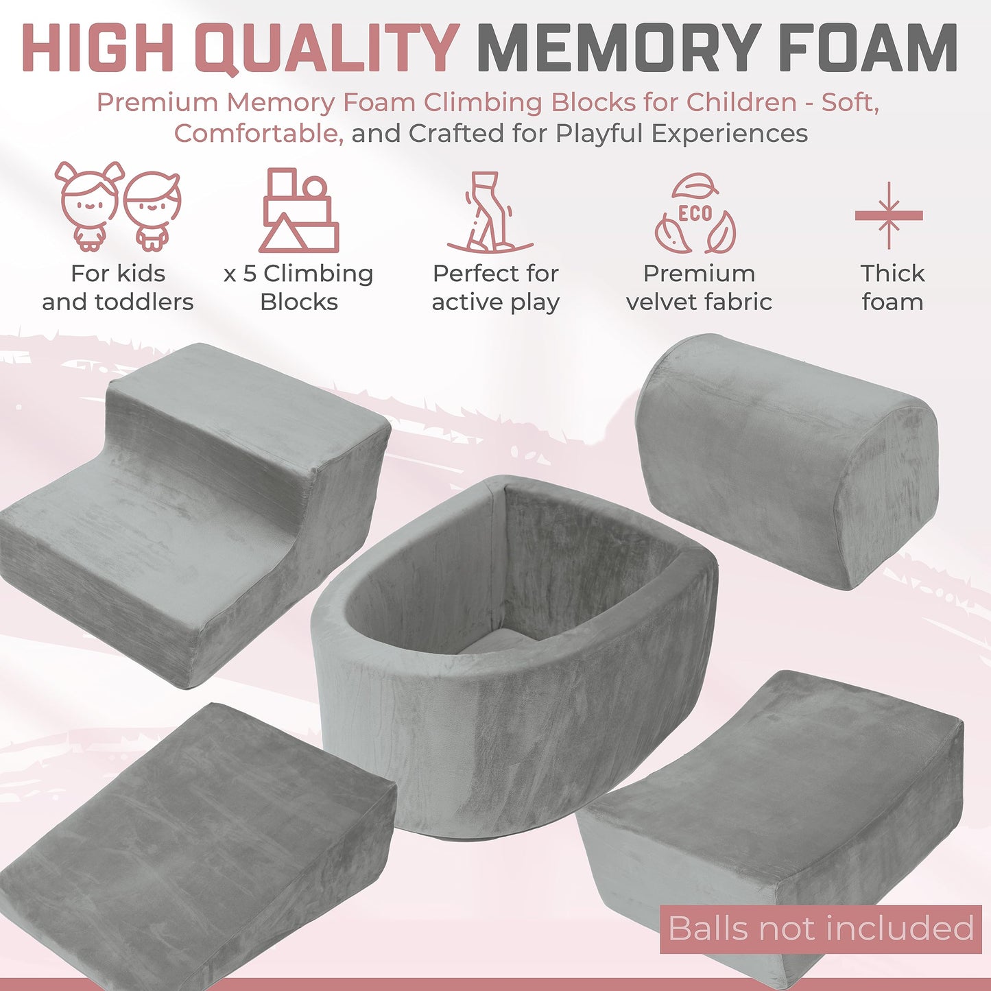 Foam Climbing Blocks for Toddlers – Indoor Soft Play Set for Babies - Velvet Cover & High-Density Memory Foam – Baby Climbing Blocks for Motor Skills - Climb and Crawl Activity Play Set for Kids -Gray