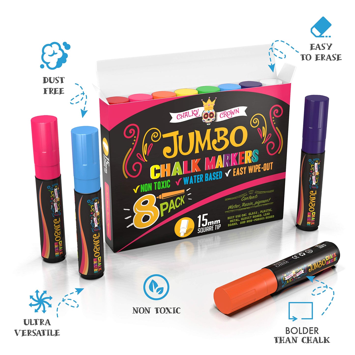Jumbo Liquid Chalk Markers - Bold Chalk Markers for Chalkboards, Window Marker, Chalks Pens for Signs, Blackboard, Glass - Square Reversible Tip (15mm, 8 Pack)