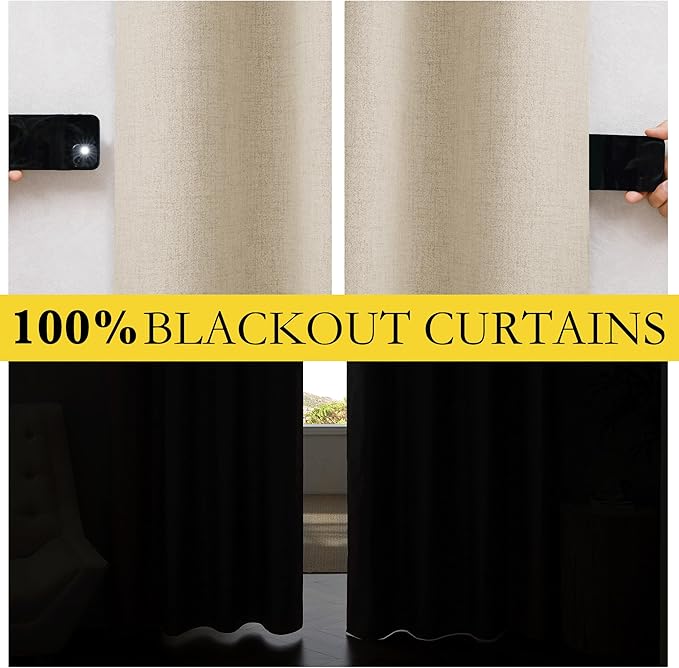 NICETOWN Cream Linen 100% Blackout Curtains 120 inches Length 2 Panels Set with Thermal Insulated Liners, 52" Width, Farmhouse Style Extra Long Window Draperies for Patio Sliding Glass Door
