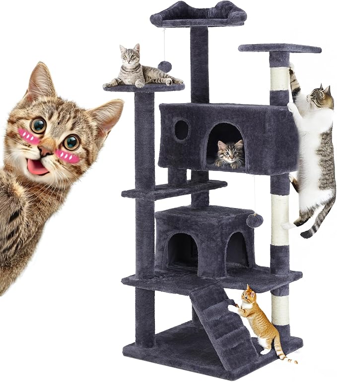 54 Inches Cat Tree Tower Condo Furniture, Cat Tower for Indoor Cats, Cozy Hammock and Sisal Scratching Posts, Multi-Level Durable Cat Scratch Post for Kittens Pet House Play, Detachable Toy, Beige
