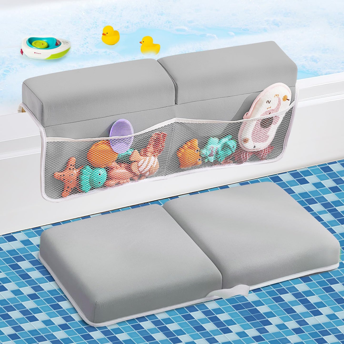 ILPEOD Bath Kneeler and Elbow Rest Pad Set, Thick Soft Quick Dry Bathtub Mat for Baby Bathing Time, Memory Foam With Toys Organizer, Gifts for Parents, Grey