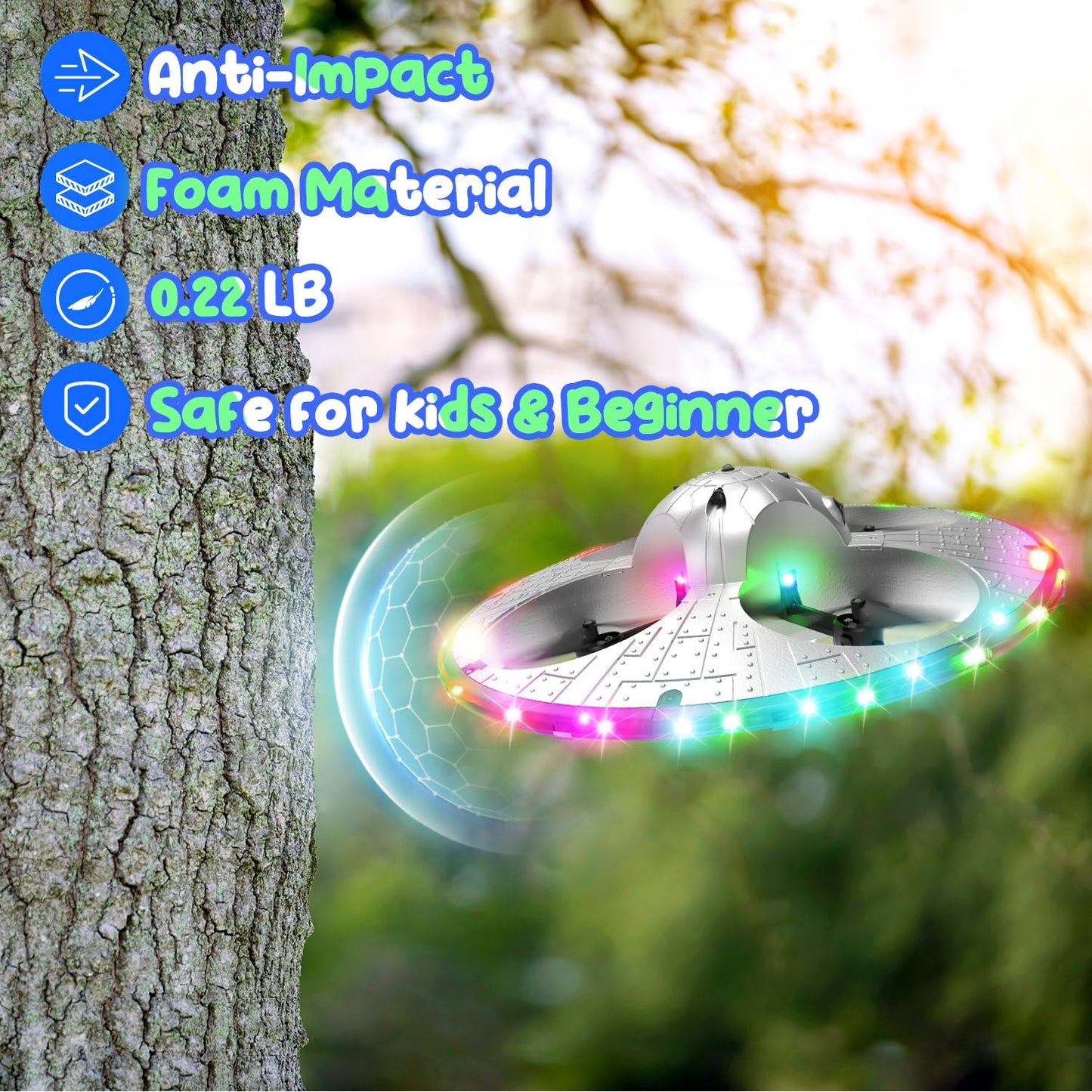 Foam UFO Drone for Kids – RC Plane with Colorful LED Lights, Remote Control Helicopter with Auto Hover, 2 Batteries (15 Mins Flight)