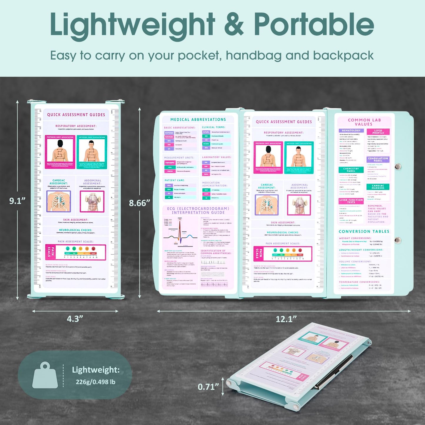 Nursing Clipboard Foldable, Thicken Aluminum Trifold Nursing Clipboard, Nursing Pocket Size Nurse Clipboards with Pen Holder, Nursing Edition Cheat Sheet for Students, Nurses and Doctors, Mint