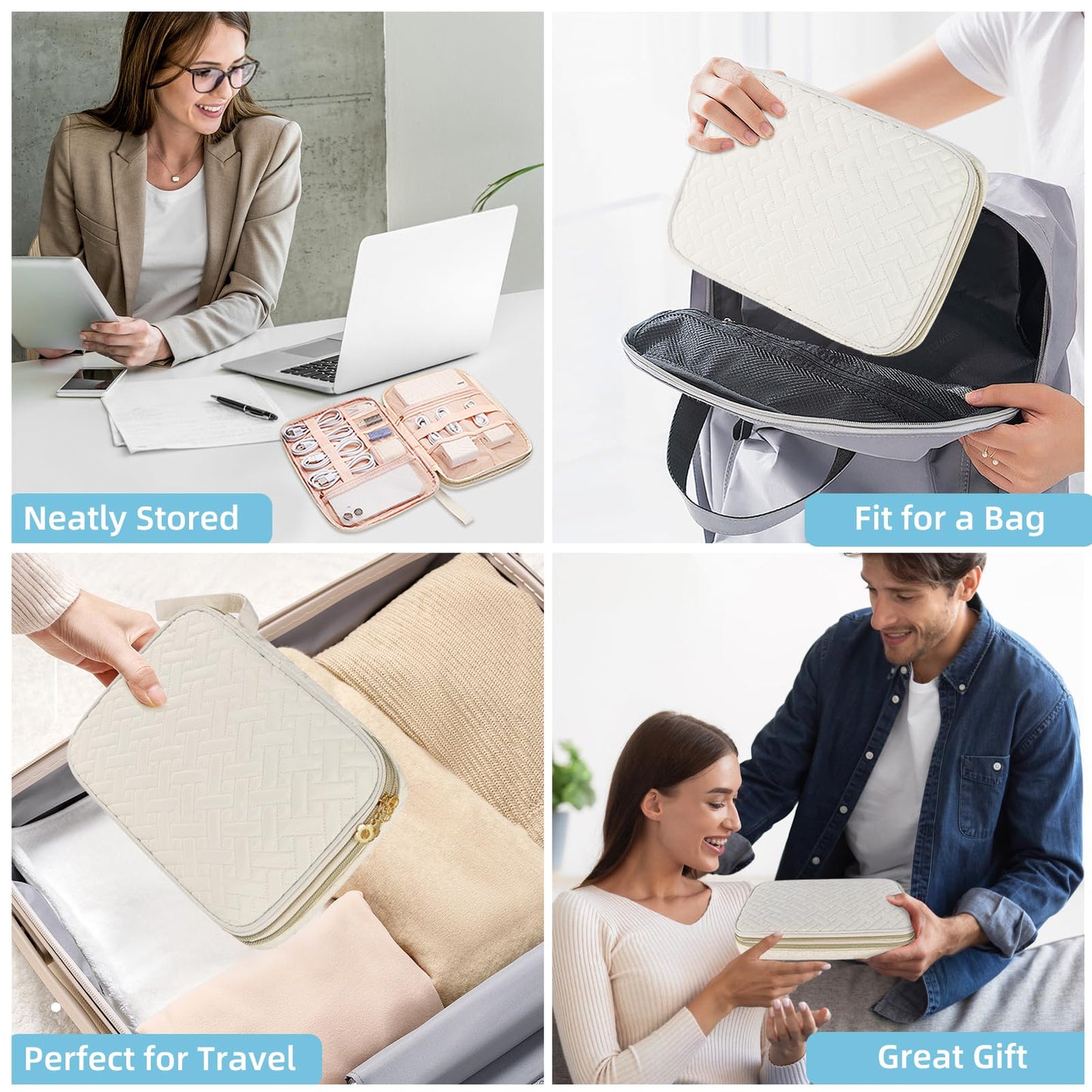 ZFZGFRCS Electronics Organizer Travel Case, Charger Bag Cord Organizer Travel, All-in-One Cable Organizer Bag for Charger, Cords, Phone, Headphones, Flash Drive, SD Card (Beige, Large-Double Layer)