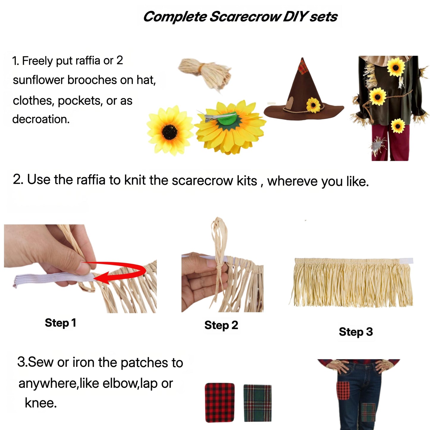 Lunaryvo Scarecrow Costume, Scarecrow Hat Raffia Straw Kit Face Decals Sunflower Patchwork Halloween Harvest Accessories (Brown-13pcs)