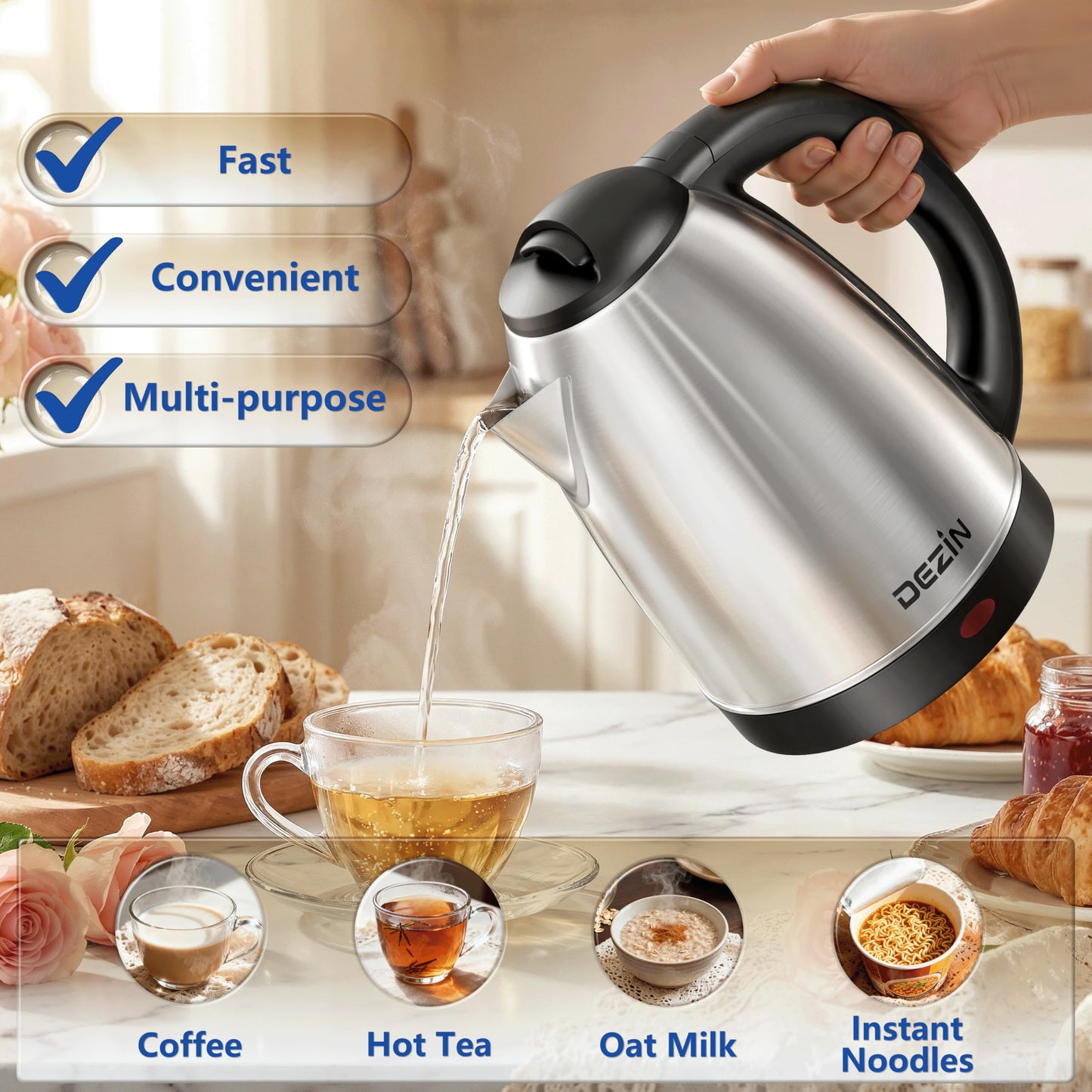 DEZIN Electric Kettle Upgraded, BPA Free 2L Stainless Steel Tea Kettle, Fast Boil Water Warmer with Auto Shut Off and Boil Dry Protection Tech for Coffee, Tea, Beverages
