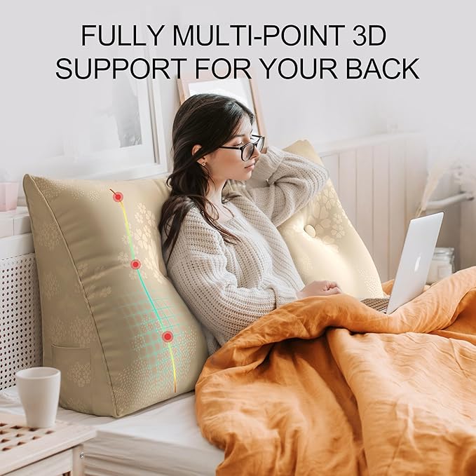 WOWMAX Headboard Pillow – King Size Reading Wedge Backrest for Bed, Handmade Firm Support Bolster Cushion with Removable Cover, Jacquard Satin Fabric 100% Pure Cotton, Light Beige
