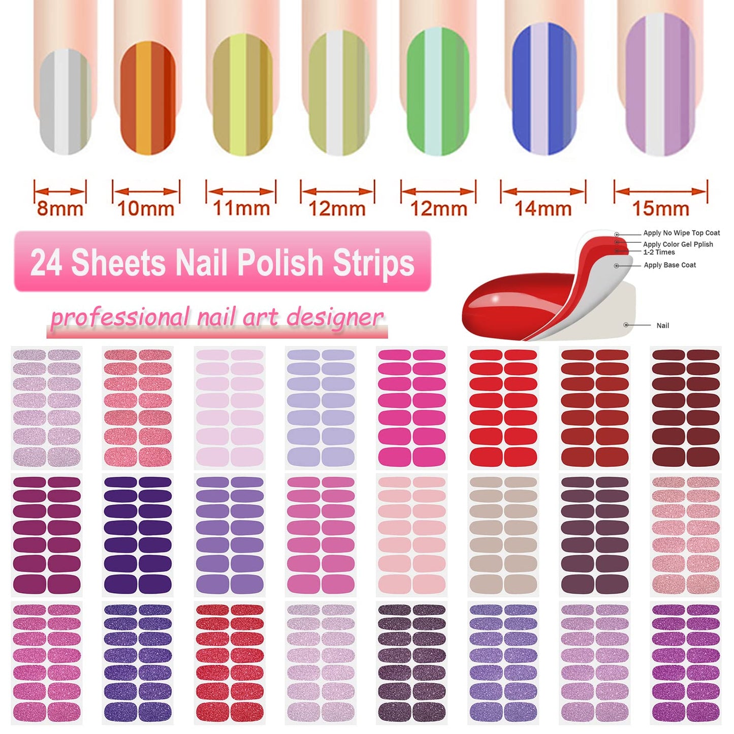 DANNEASY 24 Sheets Full Nail Wraps Nail Polish Stickers for Women Solid Color Nail Polish Strips Gel Nail Strips Self Adhesive Fingernail Stickers Manicure Kit with 1pc File, Cuticle Stick