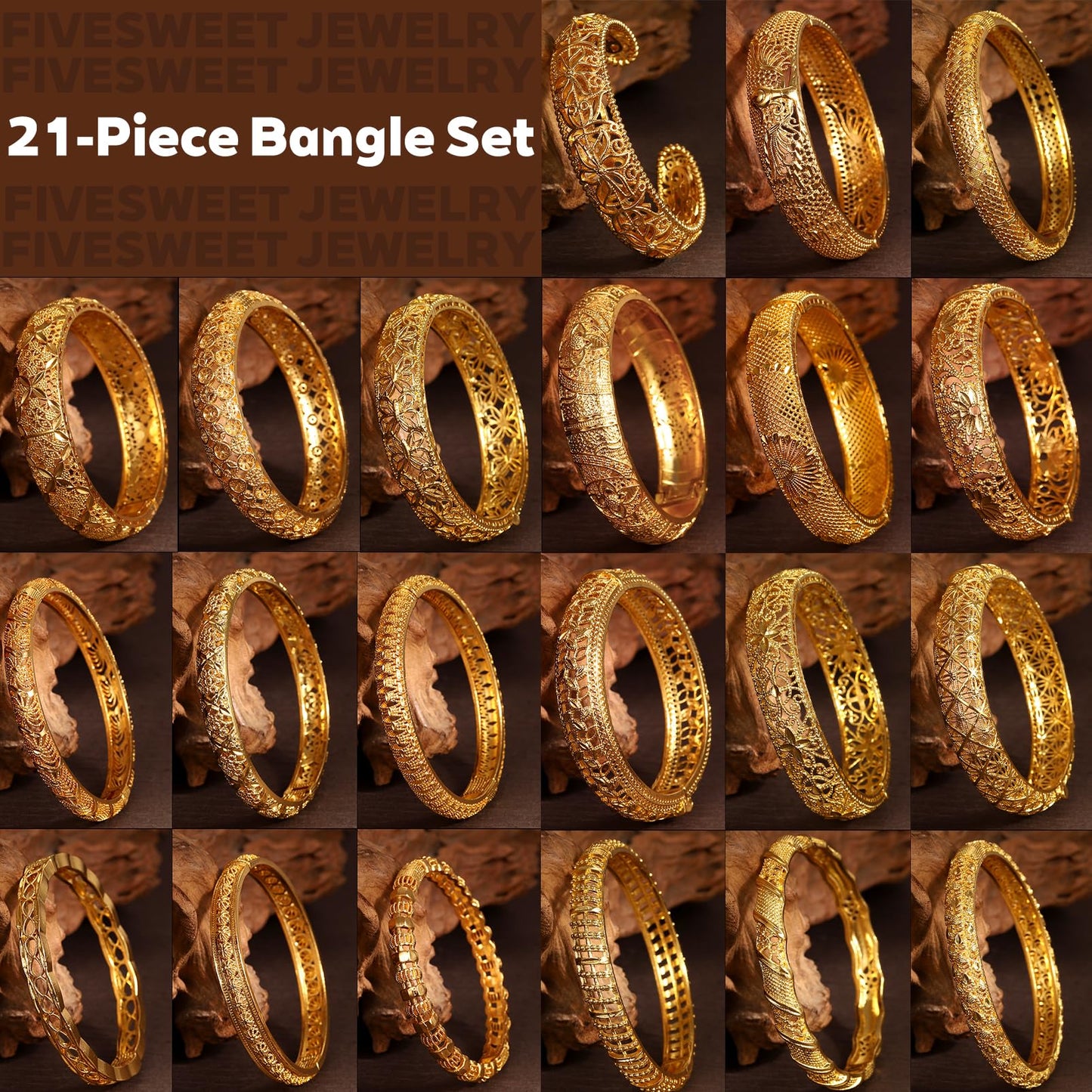 FIVESWEET 21 Pack 18K Gold Plated Women's Bangle Bracelet Set - Stackable Bulk Bracelets with Hollow Out Carving, Geometric Pattern, Flower & Butterfly Designs, Minimalist Stylish Elegant, Tarnish & Oxidation Resistant, Gift for Her Girlfriend Wife Mom Si