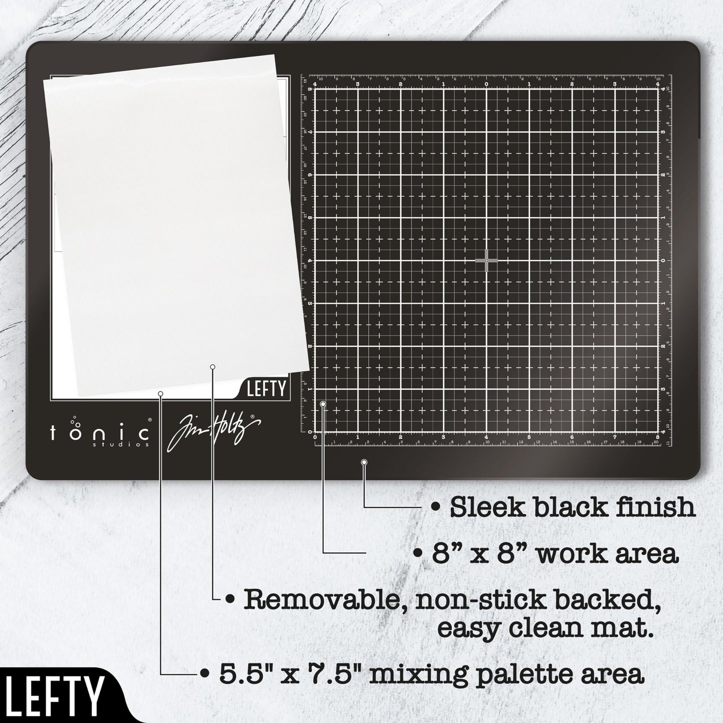 Tim Holtz Travel Glass Cutting Mat - Left Handed Portable Work Surface with 8x8 Measuring Grid and Palette for Mixed Media - Art Supplies with Carry Case