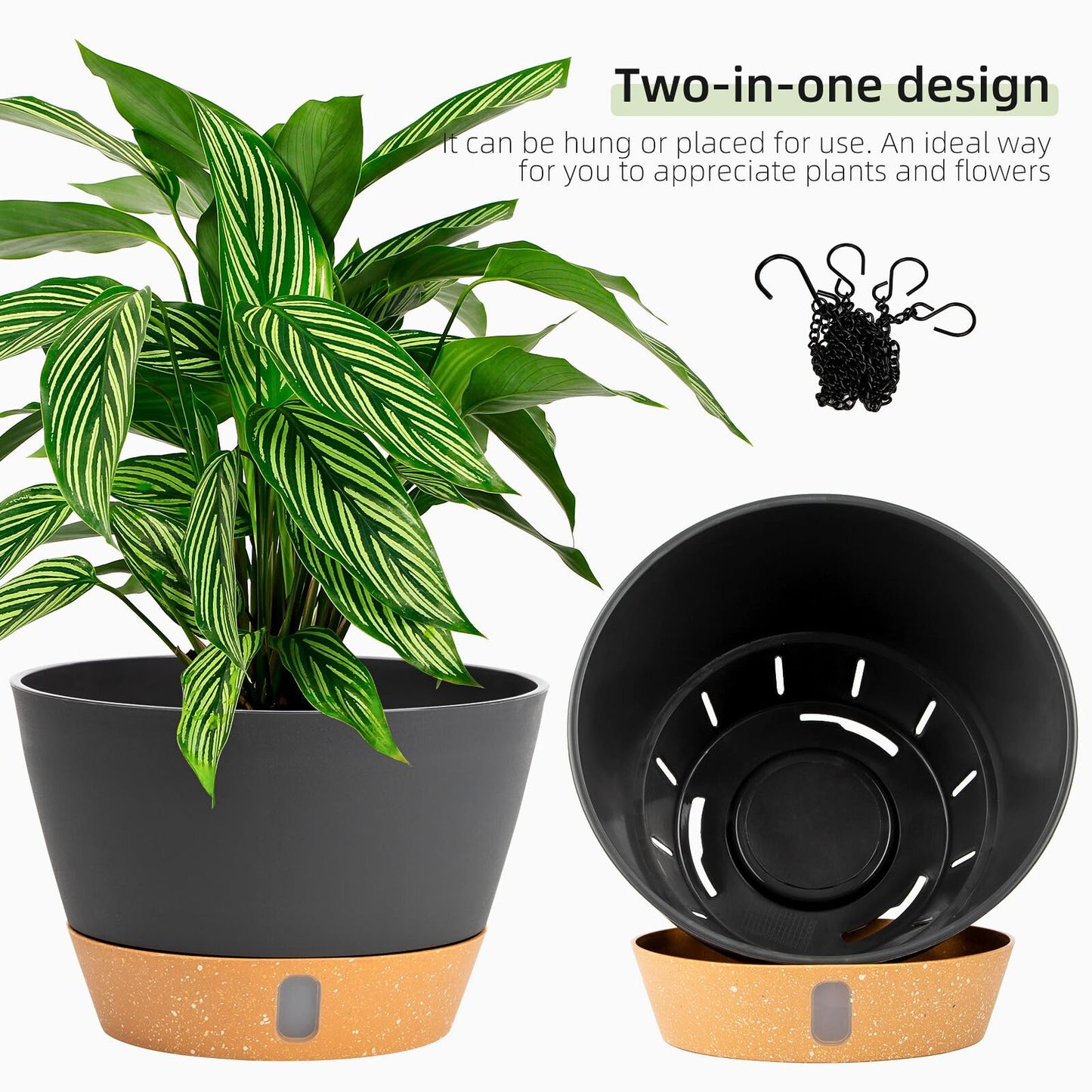 QCQHDU 2 Pack 10 Inch Hanging Planters for Indoor Outdoor Plants, Hanging Baskets Flower Pots with Reservoir Tray & Visible Water-Level
