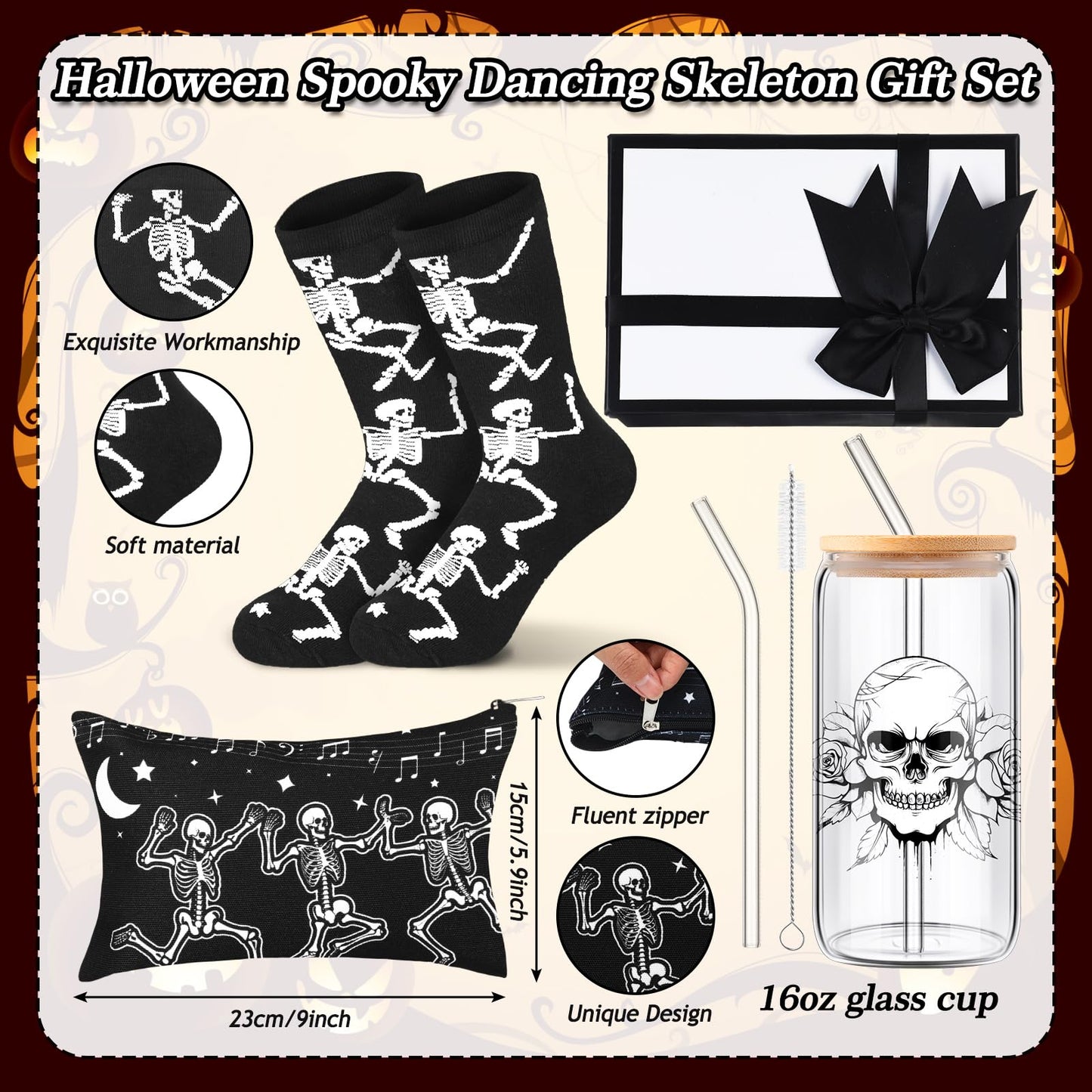 Skylety Goth Dancing Skeleton Gift Box of 4 Include 16oz Goth Glass Cup Gothic Stuff Spooky Sock Makeup Bag Spooky Gift Baskets for Xmas Holiday Women Gothic Lovers Stuff