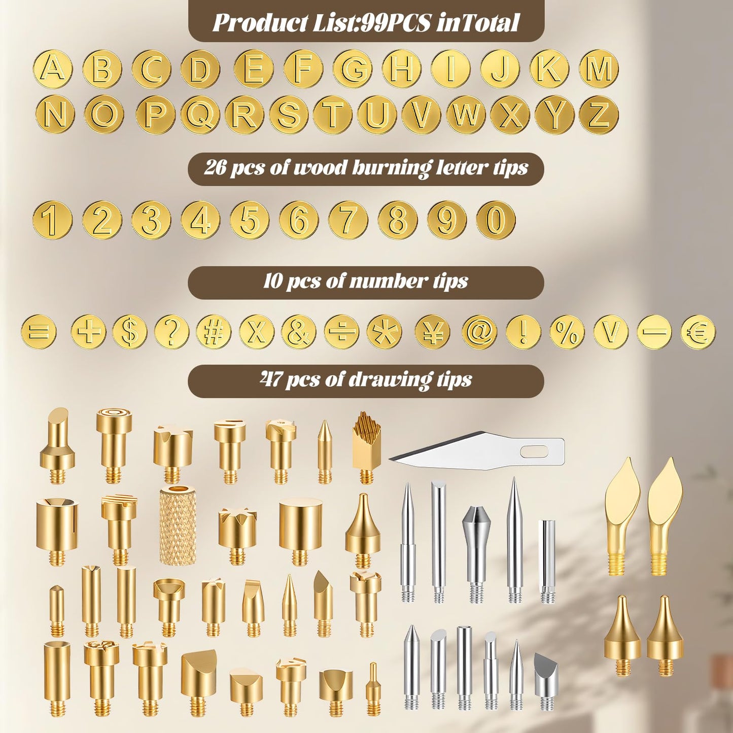 99 Pcs Wood Burning Tips Kit Pyrography Wood Burning Tip Set Letter Wood-Burning-Tip Set Including Alphabet Number Symbol for Wooden Burner Craft DIY Embossing Carving Crafts