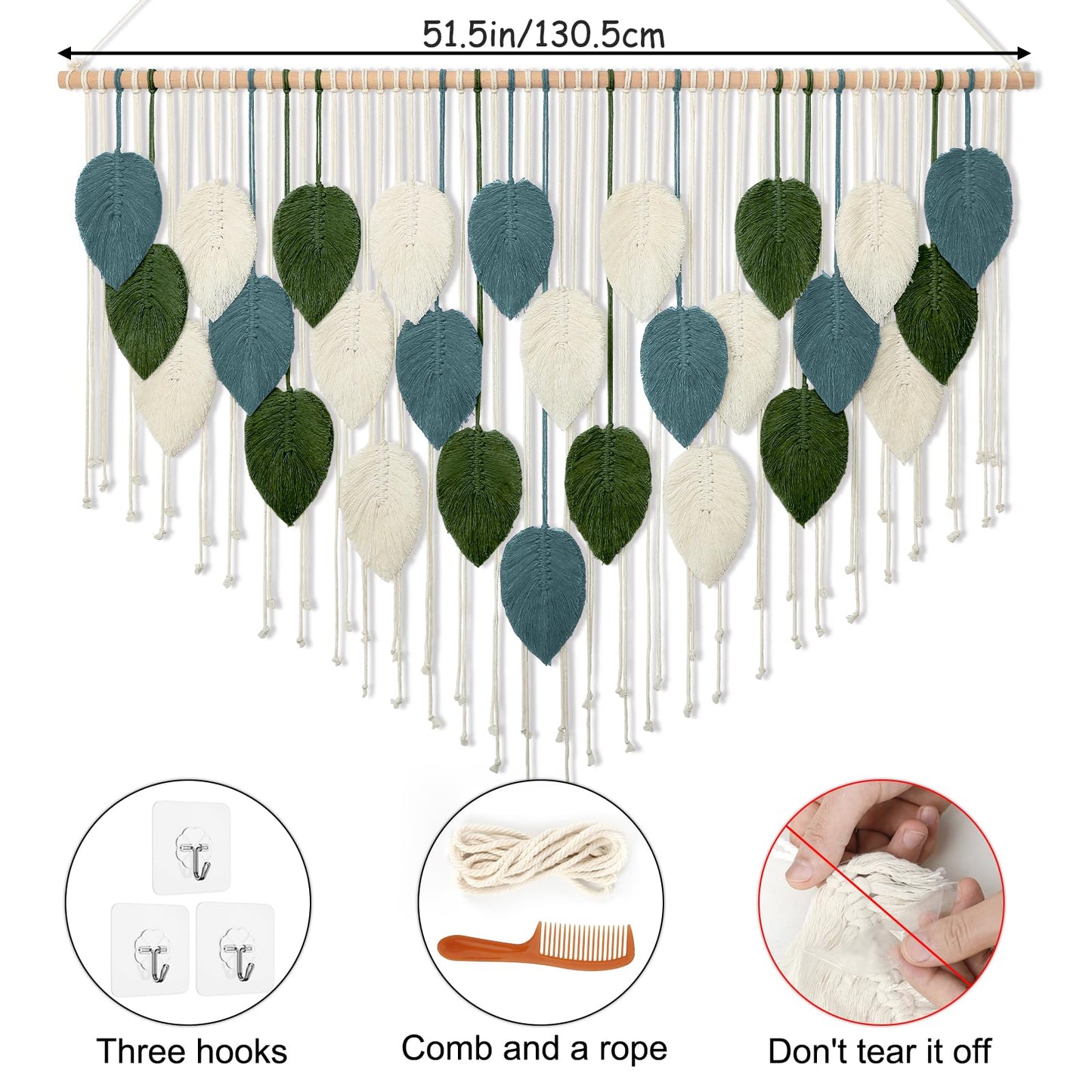 KHOYIME Macrame Wall Hanging Large Boho Home Decor, Bohemian Leaves Tapestry Modern Handmade Yarn Woven Feather Leaf Chic Wall Art Decorations for Bedroom Living Room Nursery Backdrop 51.5"W X 33.5"L